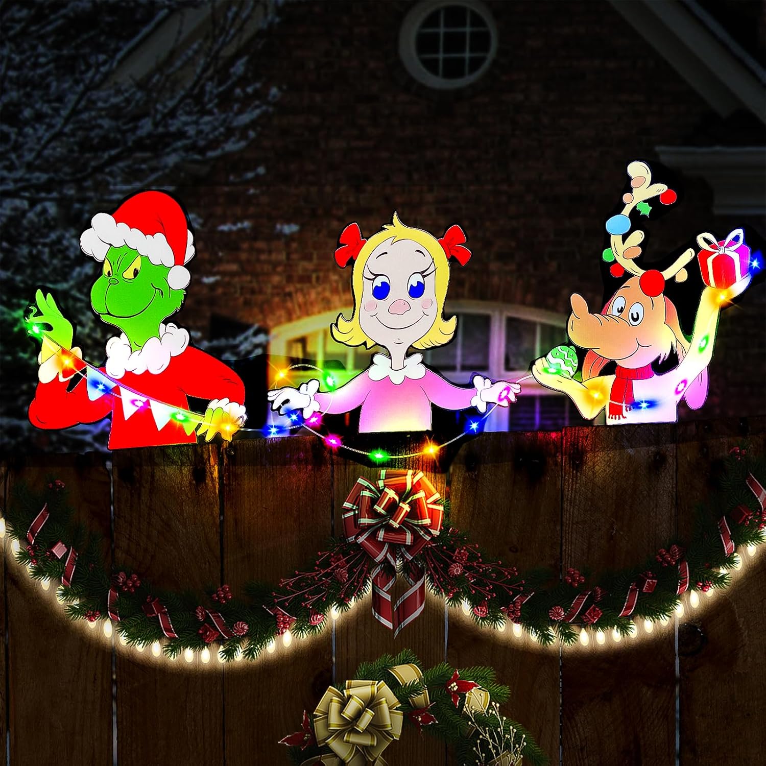 Christmas Grinchs Fence Decorations Outdoor 3PCS Light Up Christmas