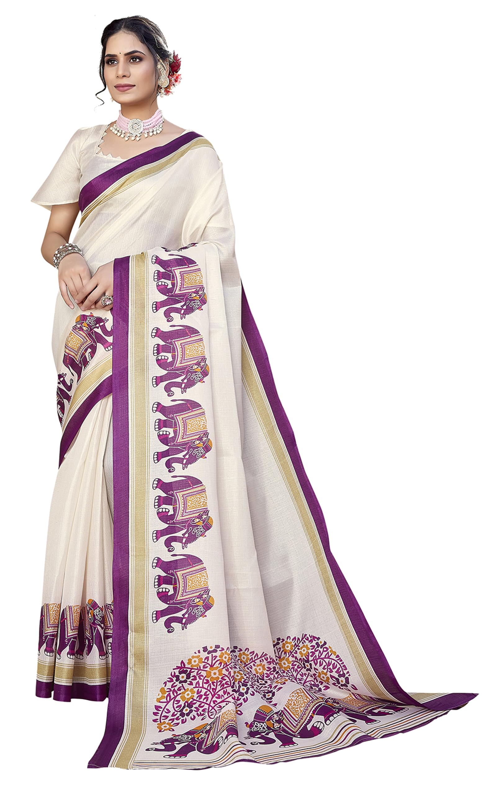 Women's Indian Printed Saree Art Silk Sari with Unstitched Blouse