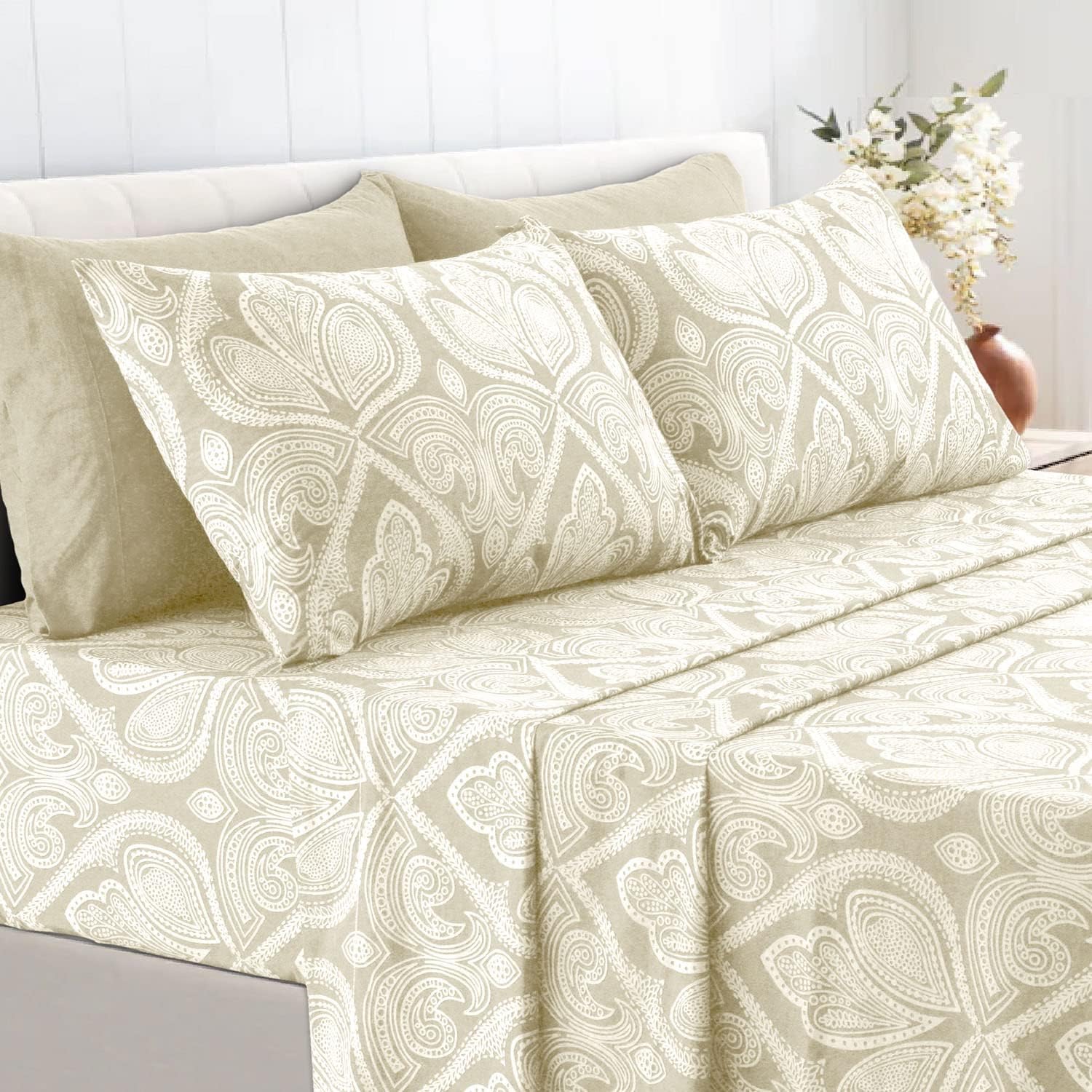LDC King Size Bed Sheets Set, 6-Pc Cooling Bed Set, Breathable Hotel Style Sheets, Microfiber Sheets Deep Pockets, Easy-Fit, Soft & Wrinkle Free Oeko-Tex Paisley Bed Sheets (King, Ivory)