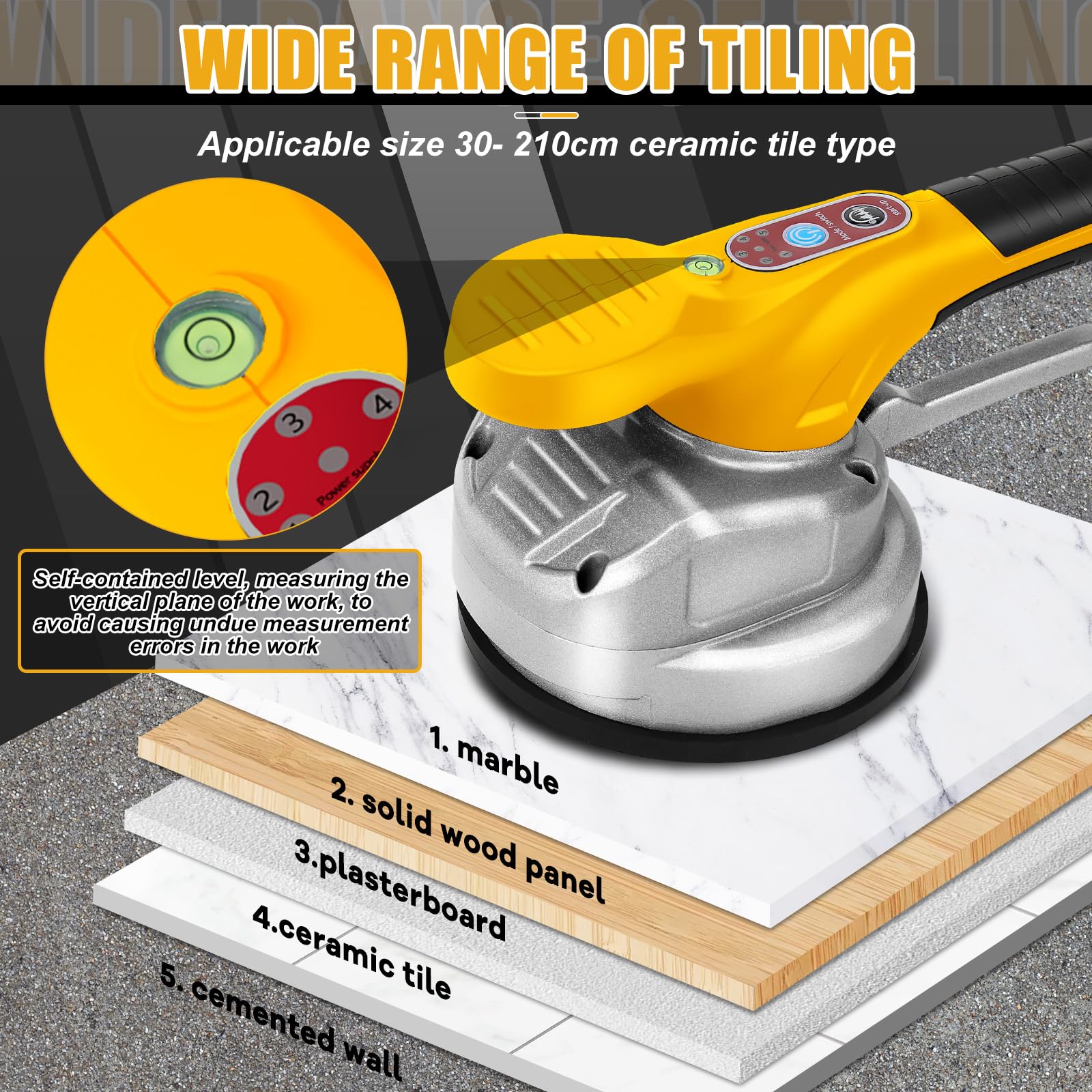 WingFly Fliesenrüttler für Dewalt 18V,20v Batterie, Fliesen Vibrationsgerät, Elektrische Fliesenvibrator 13 mm Saugnapf 6 Gänge Einstellbar 100kg Adsorption für 30-240cm Fliesen (Ohne Akku)