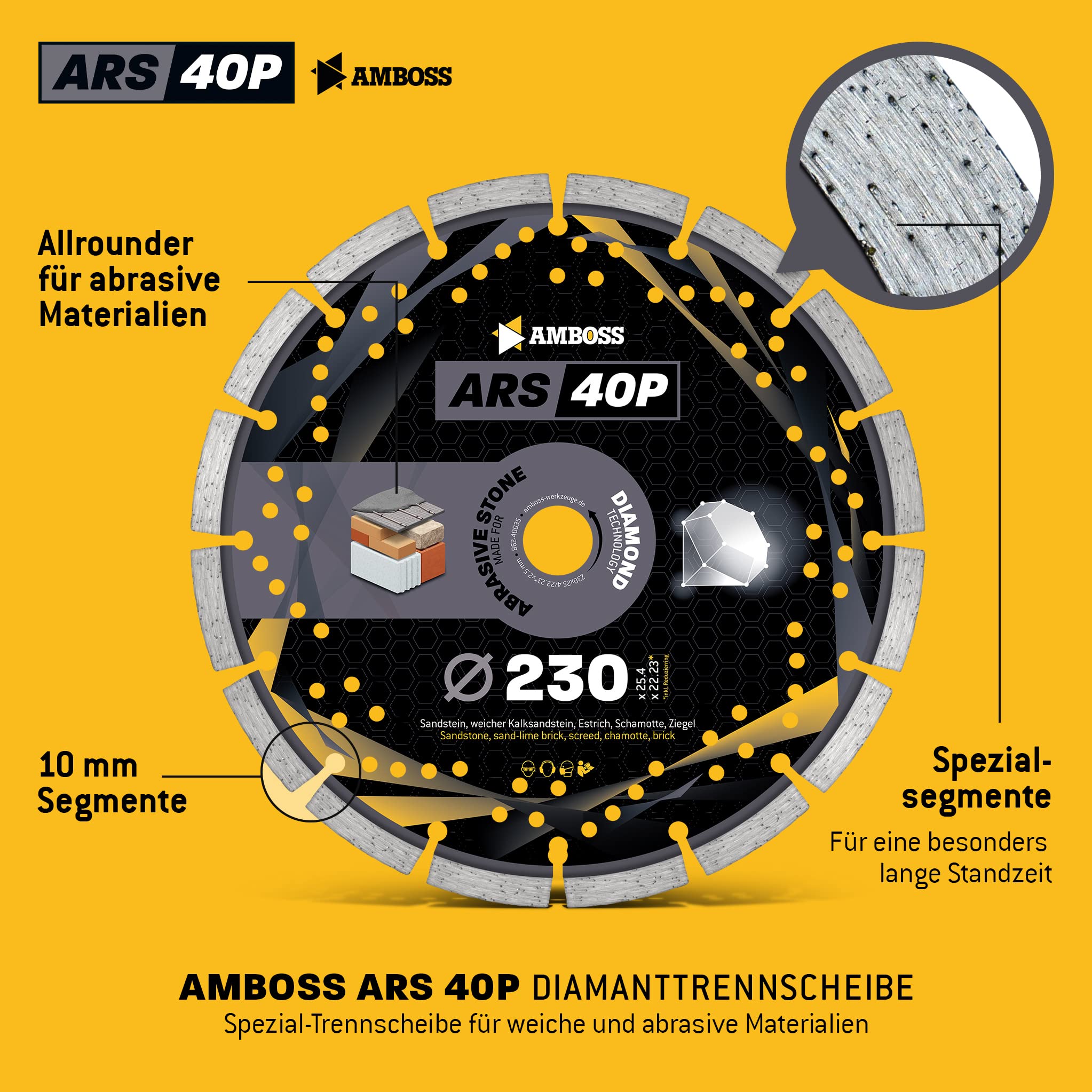 Amboss ARS 40P - Disco de corte de diamante, diámetro 230 mm x 22,2 mm, piedra arenisca/piedras calizas suaves/pavimento/ladrillo, altura del segmento: 10 mm (sinterizado)
