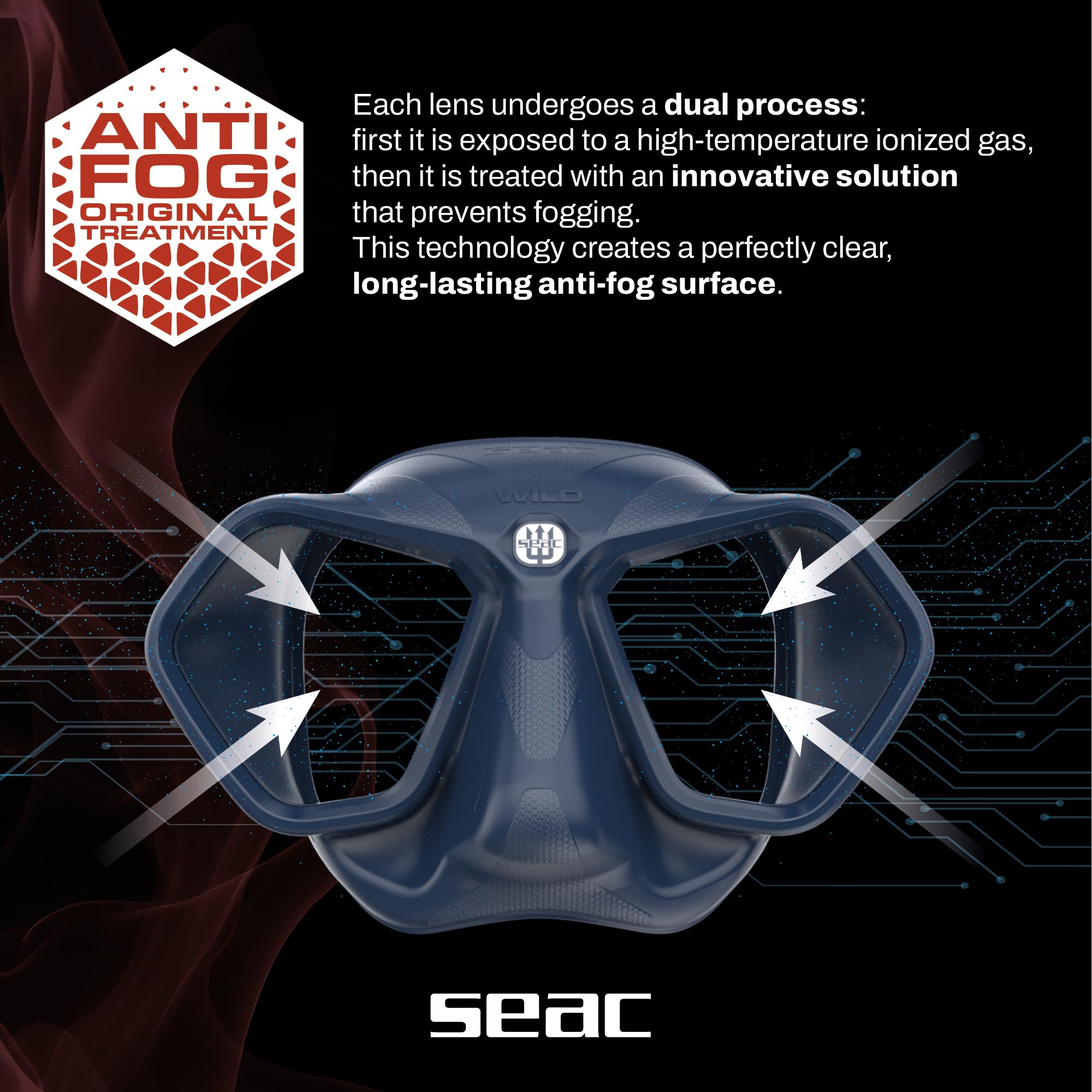 SEAC Wild – Máscara de Buceo de Silicona de Bajo Volumen | Máscara Antivaho con Doble Lente, Hebilla 3D y Visión Periférica para Apnea y Pesca Submarina