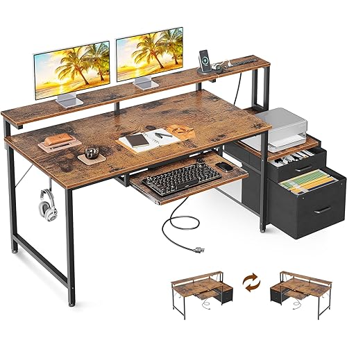 AODK 55" Computer Desk with Drawers and Keyboard Tray, Office Desk with Power Outlet and Printer Space, Reversible Study Work Desk with Storage File Cabinet for Home Office, Vintage