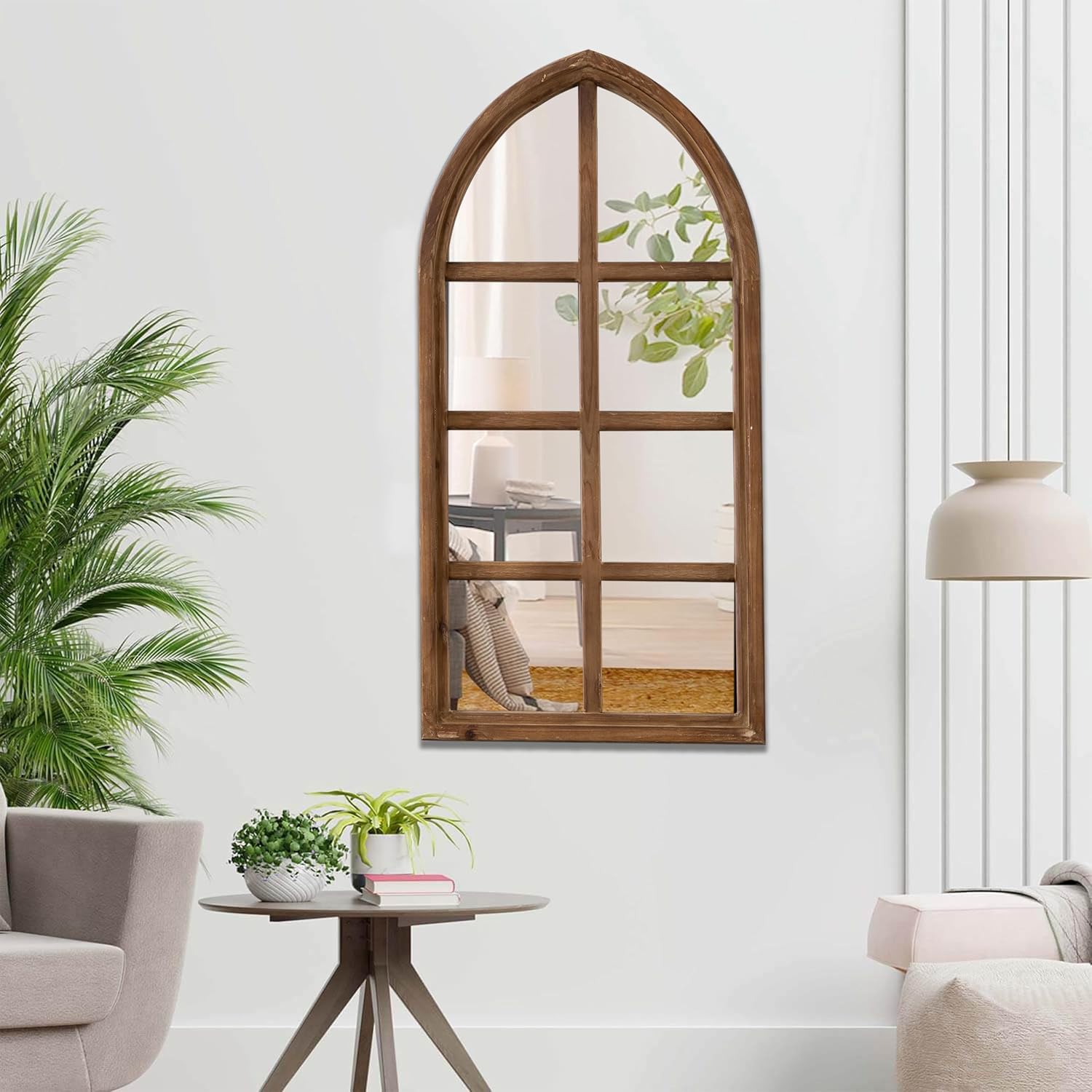 Farmhouse Cathedral Window Pane Mirror Wall Decor 18 X 36 Inch, Hanging Distressed Wood Arched Window Mirror, Decorative Wall Mirrors for Living Room Bedroom Entryway