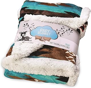 TrailCrest Ultra Soft Sherpa Fleece Cozy Plush Aztec Baby Blanket for Kids, Reversible with Aztec Prints, Washable, Wide Size, Swaddle, Stroller Blanket | Baby Shower Present, Teal Aztec