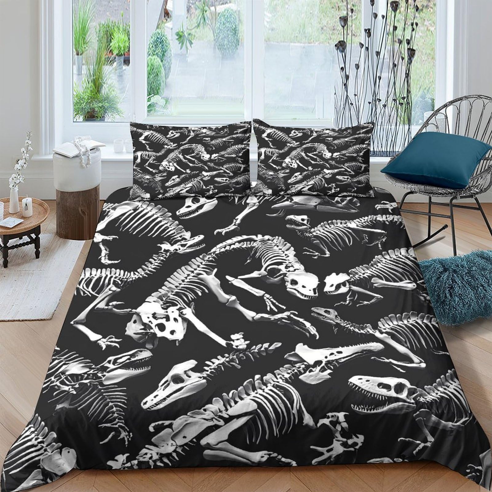 Ctjqhvkz Style-1 3D Printed Dinosaur Skeleton Fitted Sheet Microfiber Soft Black Fossil Bed Cover For Bedroom Dorm Mattress Decor Single（135X200cm）