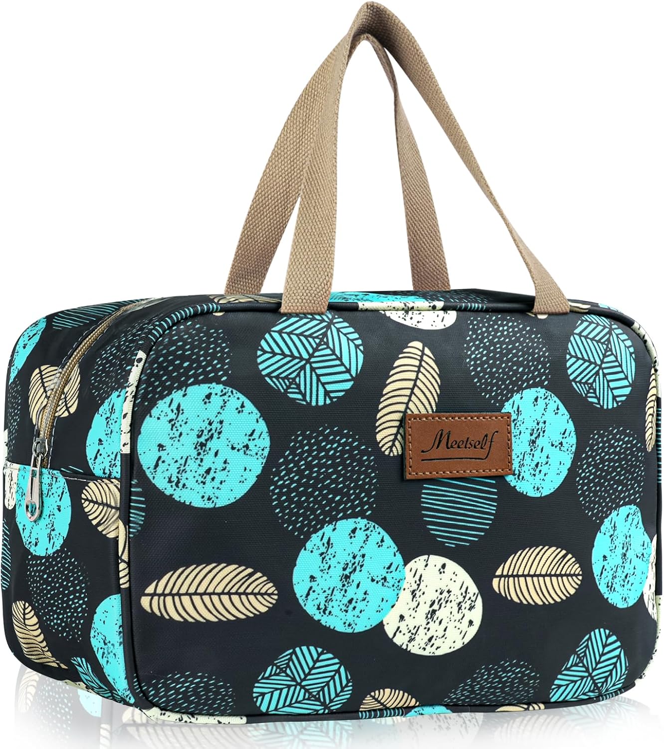 Aucuu Women Toiletry Bag, Large Makeup Bag with Handle, Waterproof Portable Cosmetic Bag for Camping and Travel, Floral Makeup Bag for Women and Girls, #8 Leaves-grey