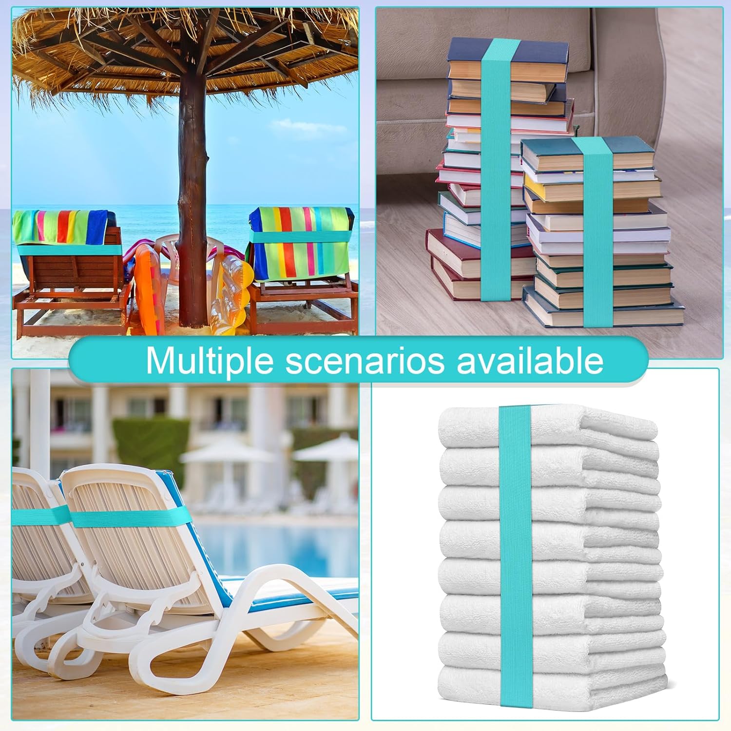 Jexine 48 Pcs Beach Towel Bands Clips Windproof Elastic Beach Bands Bulk Lightweight Stretch Chair Towel Holder Strap for Chairs Cruise Essentials (Aqua)