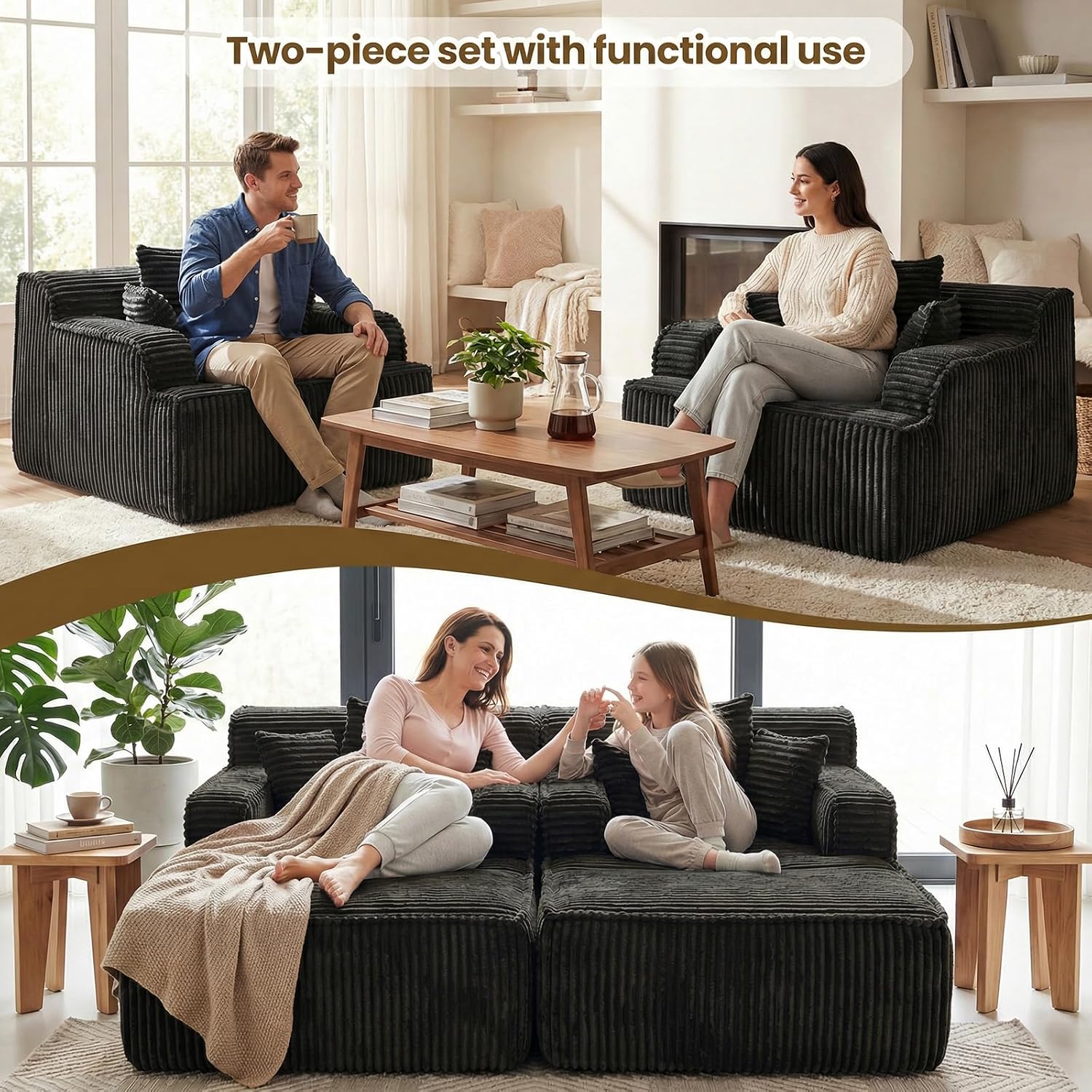 Chaise Lounge Chair Indoor,Boneless Chair with Ottoman,Comfy Reading Chair for Adults,Small Sofa Bed Couch for Living Room,Single Sleeper Chair Bed,Black