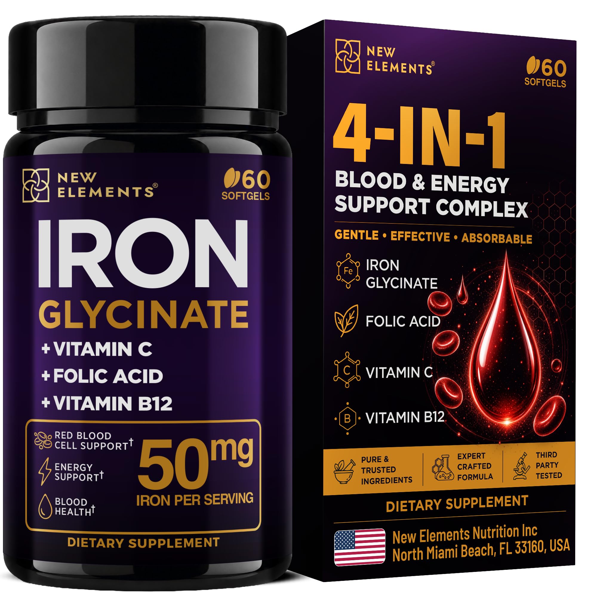 Iron Supplement for Women & Men | Iron Glycinate 50mg + Vitamin C, Folic Acid 1000mcg, Vitamin B12 | Anemia Relief, Energy Boost & Immune Support | Gentle on Stomach, Fast Absorption | 60 Softgels