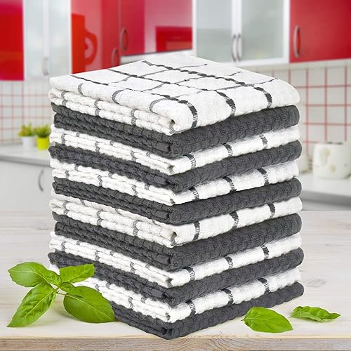 Miniatura 4 de TALVANIA Toallas de cocina grises, paquete de 12 paños absorbentes para platos, 15 x 25 pulgadas, 100 % algodón, tejido de rizo Dobby, juego de