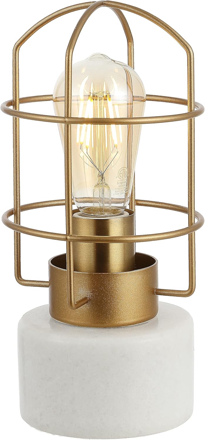 SAFAVIEH Lighting Collection Sadaf Industrial Rustic Farmhouse Brass Iron Cage 11-inch Bedroom Living Room Home Office Desk Nightstand Table Lamp (LED Bulb Included)