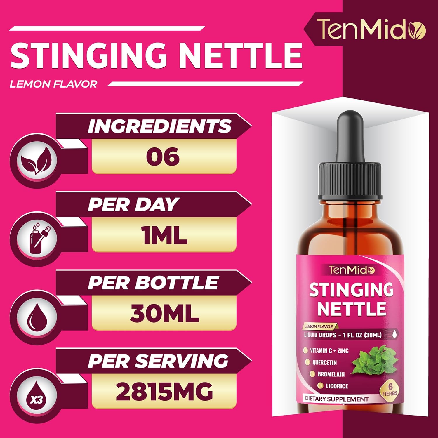 Stinging Nettle Leaf Extract Tincture - 6in1 Herbal Liquid Supplements with Vitamin C, Zinc, Quercetin, Bromelain, and Licorice - Alcohol-Free, Vegan, Non-GMO - 30ml 1 Fl Oz - Image 3