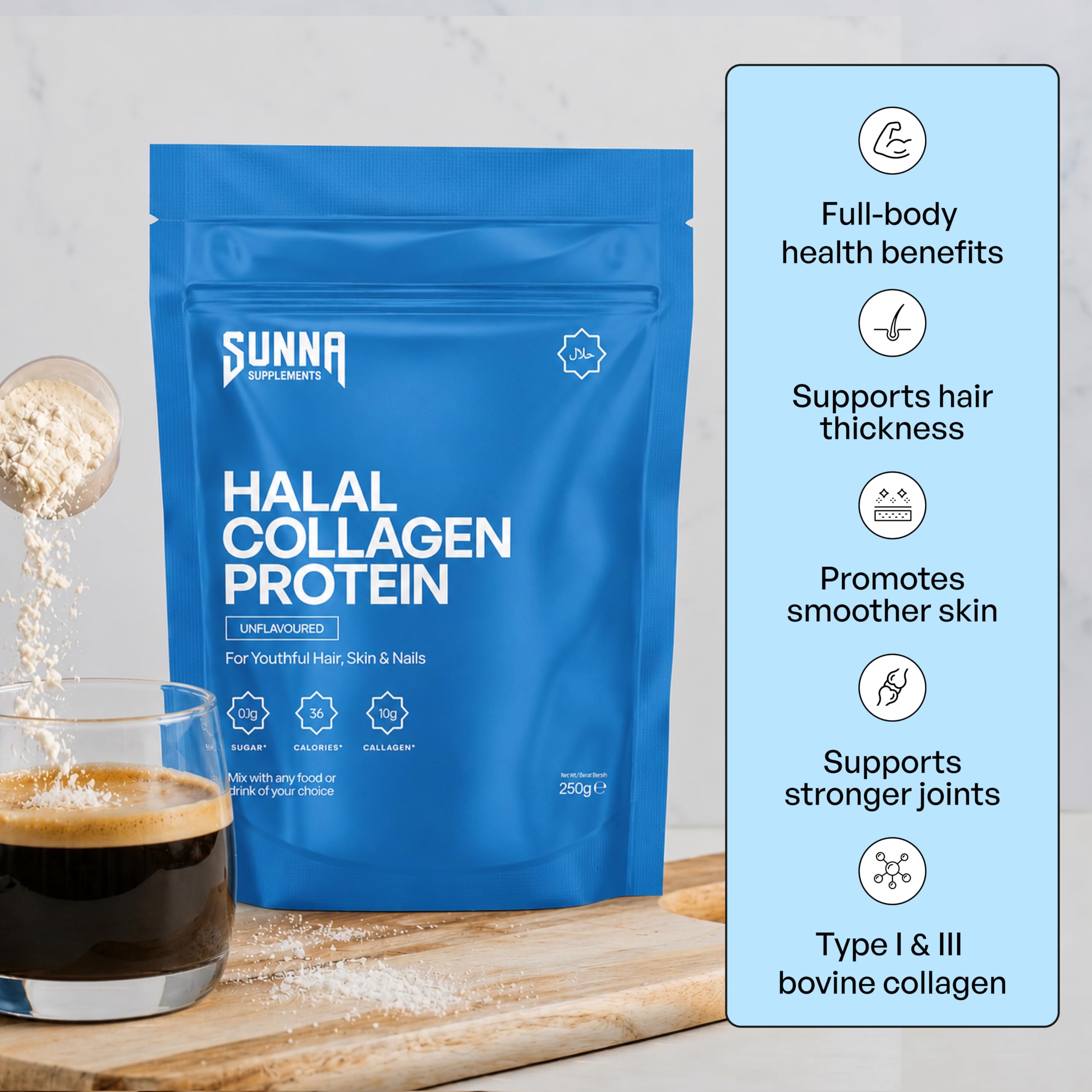 SUNNA SUPPLEMENTS - Polvere proteica di collagene bovino halal per capelli, pelle, unghie, articolazioni e molto altro ancora! Adatto per uomini e donne