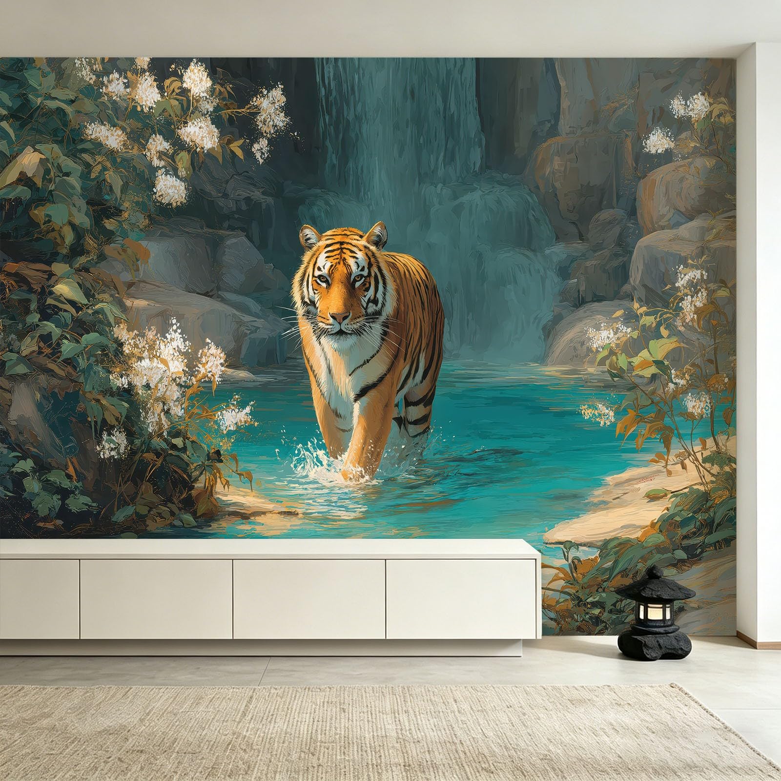 Générique Tapeta z włókniny z naturalnego kwiatu dżungli, 200 x 140 cm, tapeta z motywem zwierzęcia 3D tygrys panoramiczny obraz, łatwa do zainstalowania dekoracja ścienna do salonu, sypialni, kuchni
