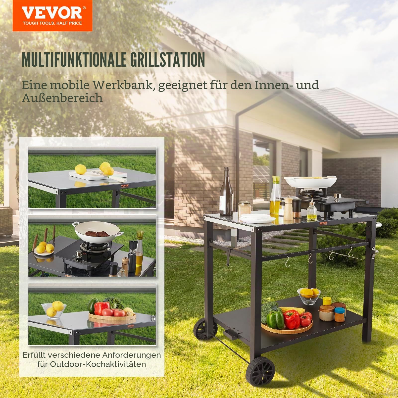VEVOR Servierwagen Küchenwagen 100 x 64 x 83,5 cm Outdoor-Grill-Esswagen mit Doppelter Ablage, Beweglicher Grilltisch für die Zubereitung von Speisen, Multifunktionale Tischplatte aus Eisen Schwarz