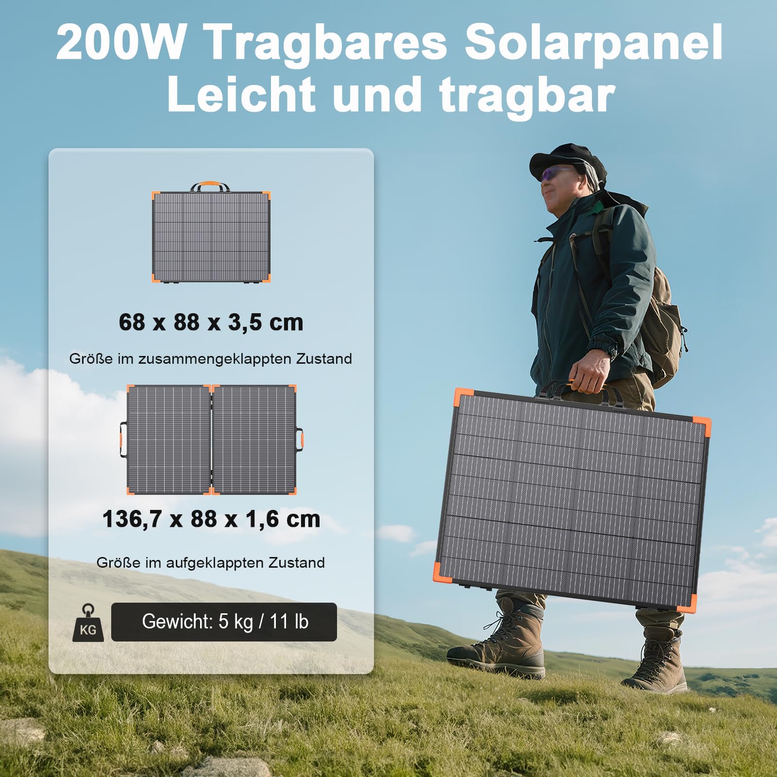 200 Watt Tragbares Solarpanel, 20-V-bifaciales Faltbares Solarladegerät, 23,5% hoher Wirkungsgrad für Kraftwerke, IP68 wasserdicht mit 2 stabilen Stützen für Wohnmobile
