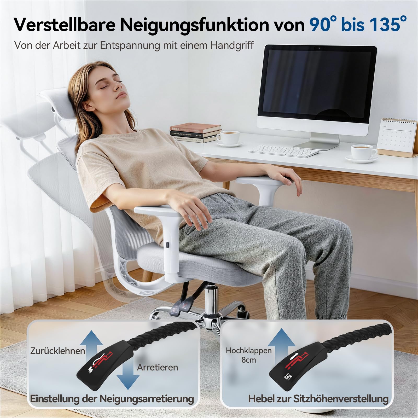 naspaluro 150kg Bürostuhl Ergonomisch Netzbezug 3D Armlehnen | Neigbare Rückenlehne mit Kopfstütze, höhenverstellbar, leise Rollen, für Homeoffice & Gaming, einfache Montage, Weißgrau