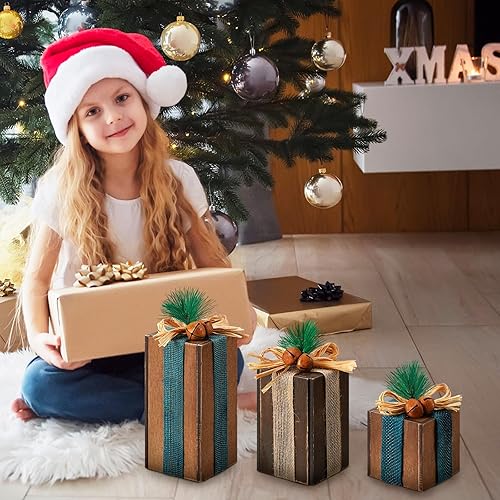 Miniatura 5 de 3 piezas de centros de mesa de Navidad, regalos de madera rústica de Navidad, bloques de imitación, decoración de mesa con bandeja escalonada con