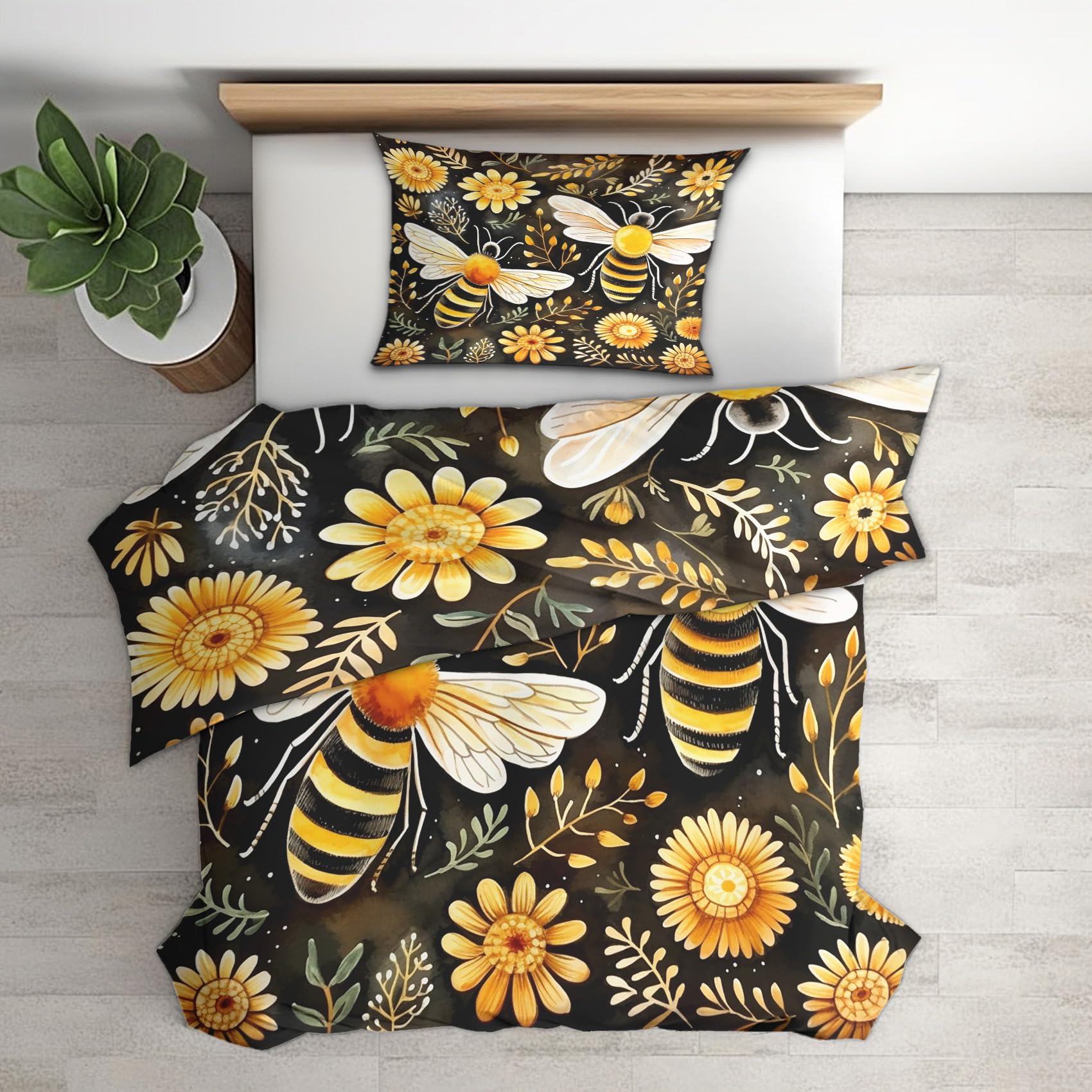 Housse de couette 140x200 abeille et parure de lit tournesol réversible en microfibre