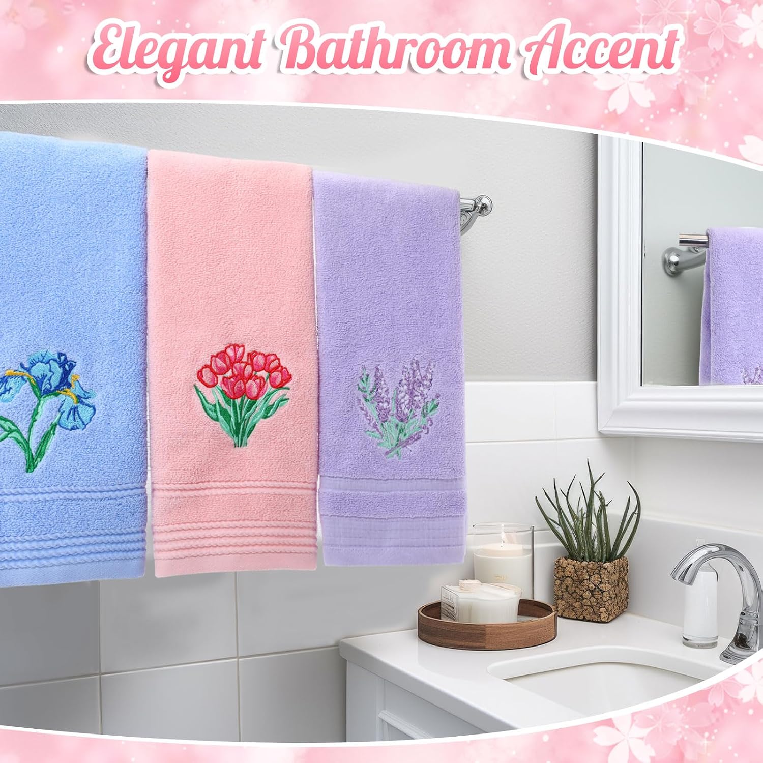 Hahafelt 3 Pcs Floral Hand Towels 100% Cotton 14"x29" Elegant Decorative Bathroom Towels Set Lavender Tulip Iris Embroidered Kitchen Towel