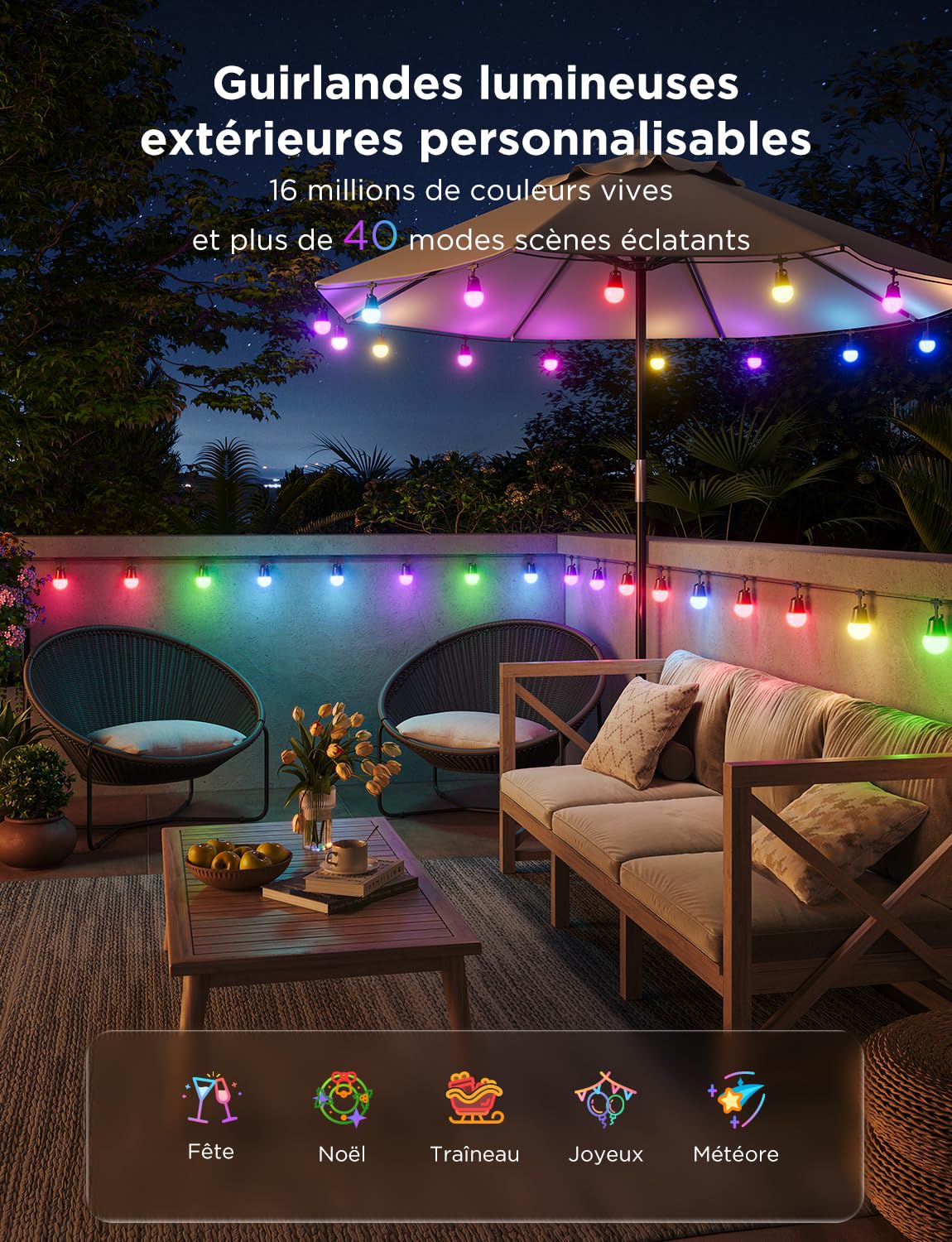 Govee Guirlande Lumineuse d'Extérieur Intelligente 2, 30M RGBICW Led Jardin | IP65, 100lm par Lumière, 47 Modes Scène et 16 Millions de Couleurs, Fonctionne avec APP Alexa, Durée de vie de 25000h