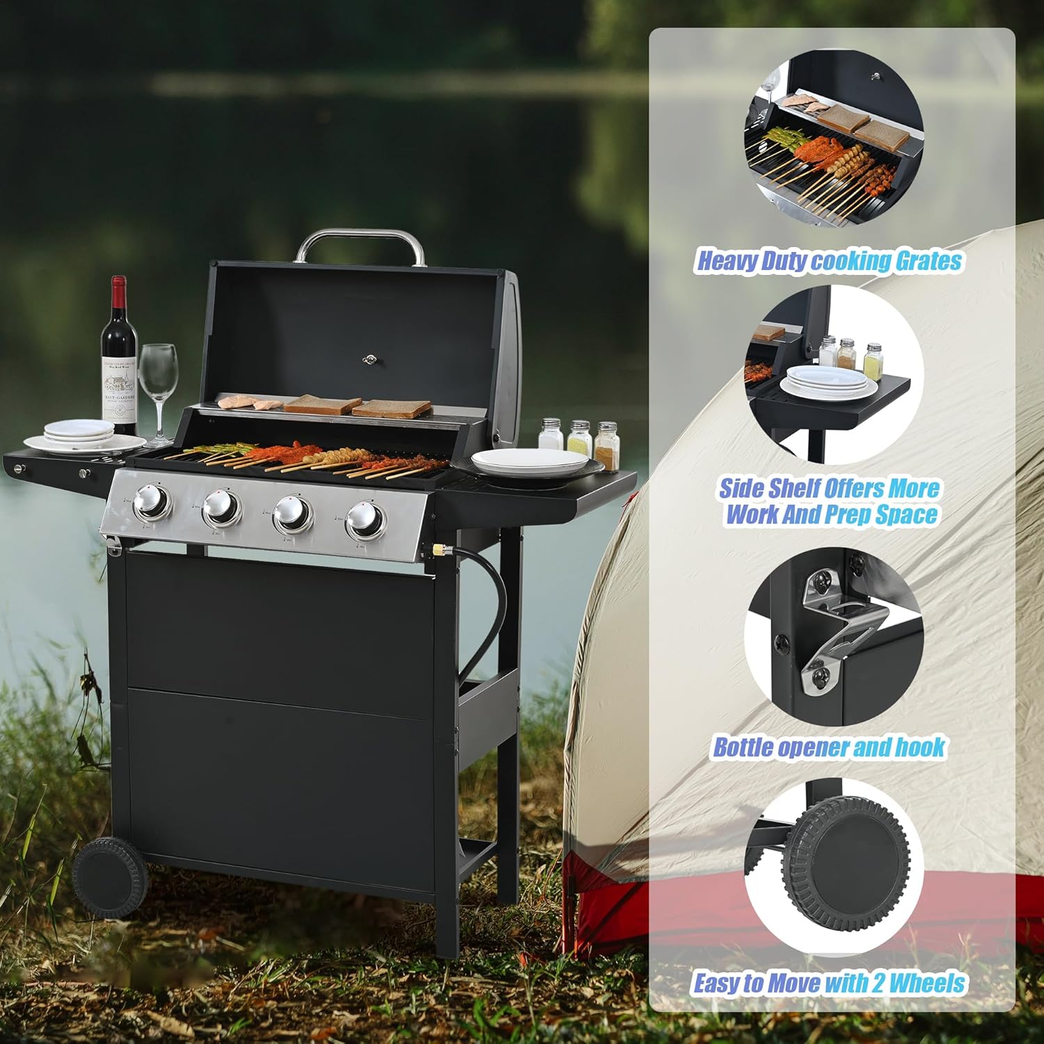 4 Burner Propane Gas BBQ Grill, Outdoor Stainless Steel Grills with Enameled Cast Iron Grids, Cast Iron Rectangular Griddle for Patio Garden Backyard 34000 BTU (Black-4 Burner)