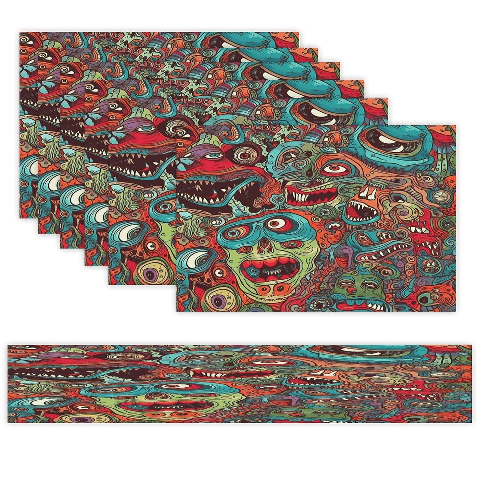 Abstract Monster Table Runner and Placemats Set of 6 Wipe Clean Heat Resistant Table Mat with Table Runner Decorations Flax Linen Place Mat Set for Home Kitchen Party Supplies
