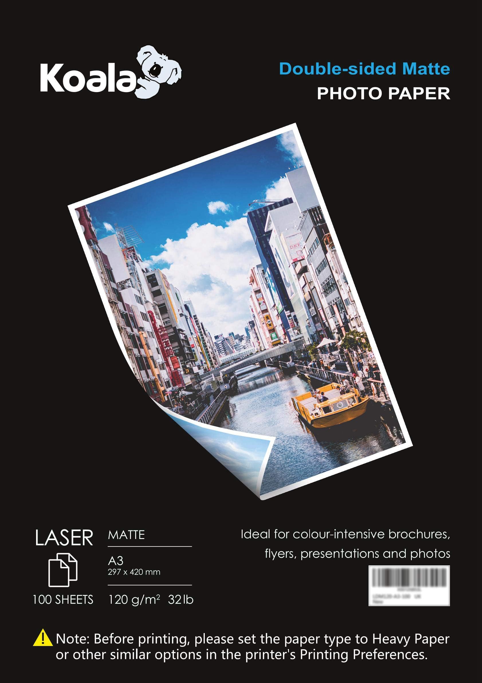 KOALA Double Sided Matte Laser Photo Paper A3, 120gsm, 100 Sheets. Suitable for Laser Printer