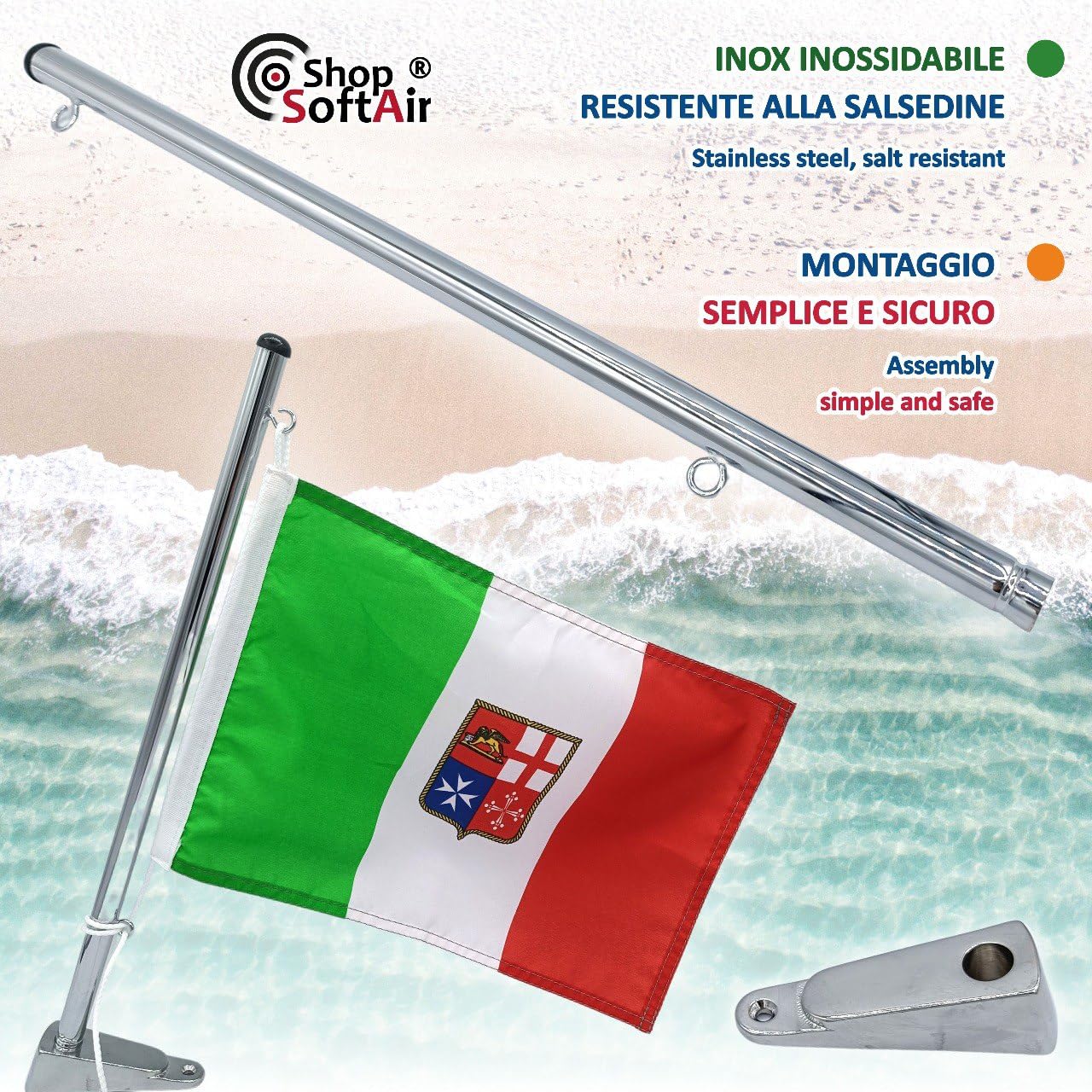 Mástil portabandista porta bandera de acero inoxidable 35 o 50 cm con soporte o para púlpito para embarcaciones barco yate bandera italiana incluida