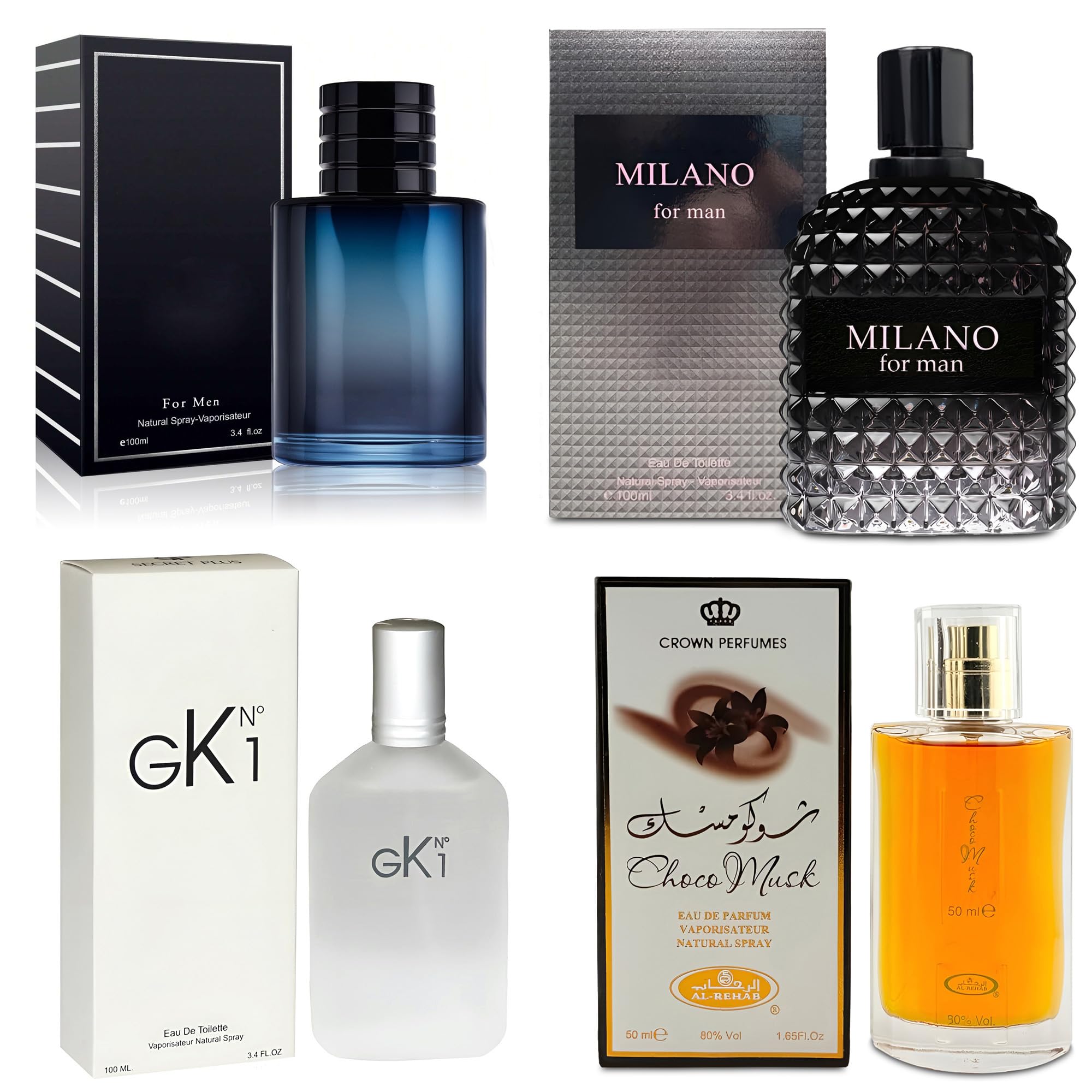 4-Piece Cologne for Men Includes Choco Musk/SE/GK N1/Milano Scent of Woody, Spicy, Citrus & Aromatic eau de parfum Men Gift Set Each 100Ml for Daily Use