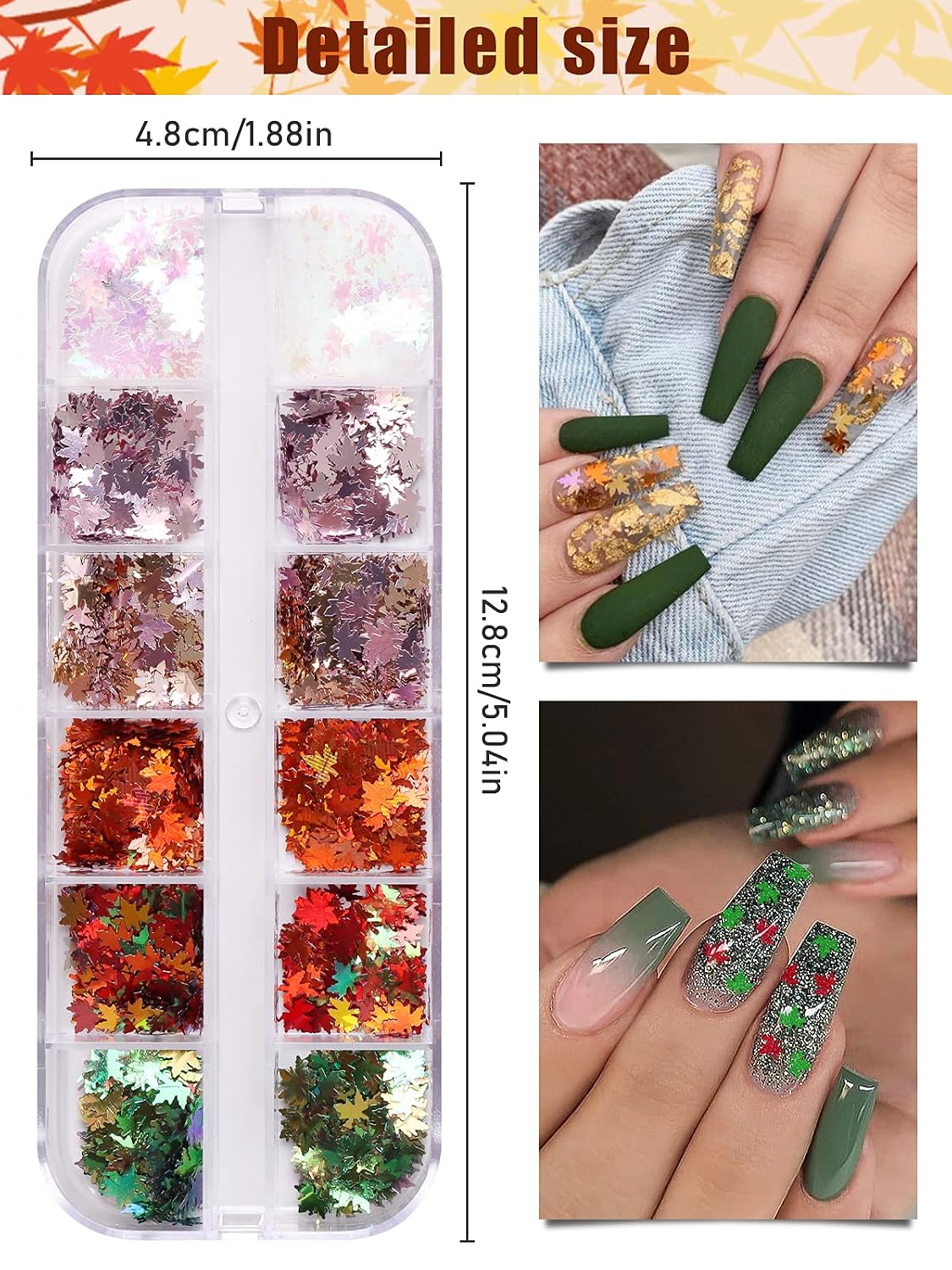 EBANKU 3D Maple Leaf Nail Art Glitter Sequins, Flakes Laser Sparkly Fall Maple Leaf Nail Sequins Holographic Autumn Leaf Shape Nail Glitter for Acrylic Nails Decoration Resin Mold DIY