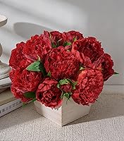 FancyPlus Fake Peonies with Wood Pot - 12pcs Lifelike Burgundy Silk Artificial Flowers, Table Centerpieces Home Decor for Living Room, Bedroom, Office