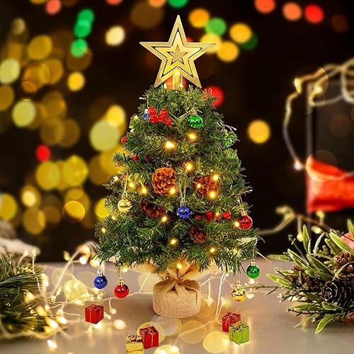 Miniatura 4 de Uten Árbol de Navidad Mini Pequeño con Bolas Redondas de Navidad, Conos de PinoFrutas RojasCaja de Regalo, Estrella de Árbol, Caja de Batería