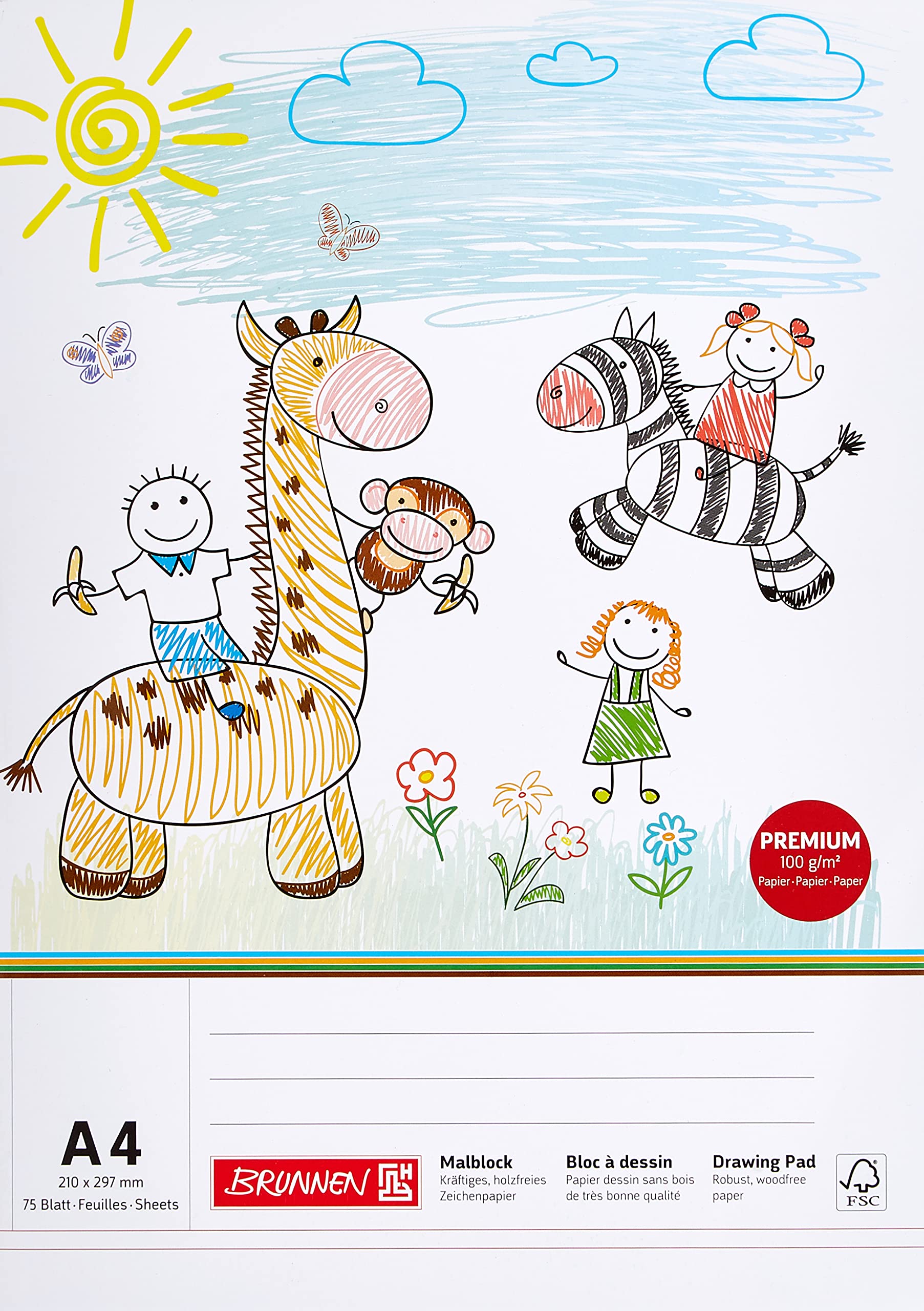 Brunnen - Bloc de dibujo infantil (210 mm x 297 mm, DIN A4, 100 g/m², 75 hojas)
