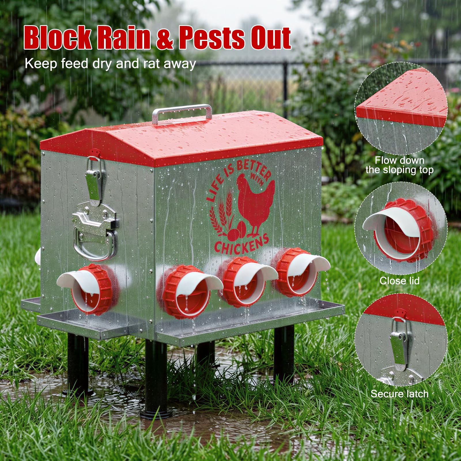 Pawaboo Comedero automático para pollos de 55 libras, comedero de aves de corral de gran capacidad, 7 puertos de alimentación, ventana de nivel de alimentación visible, patas ajustables en altura