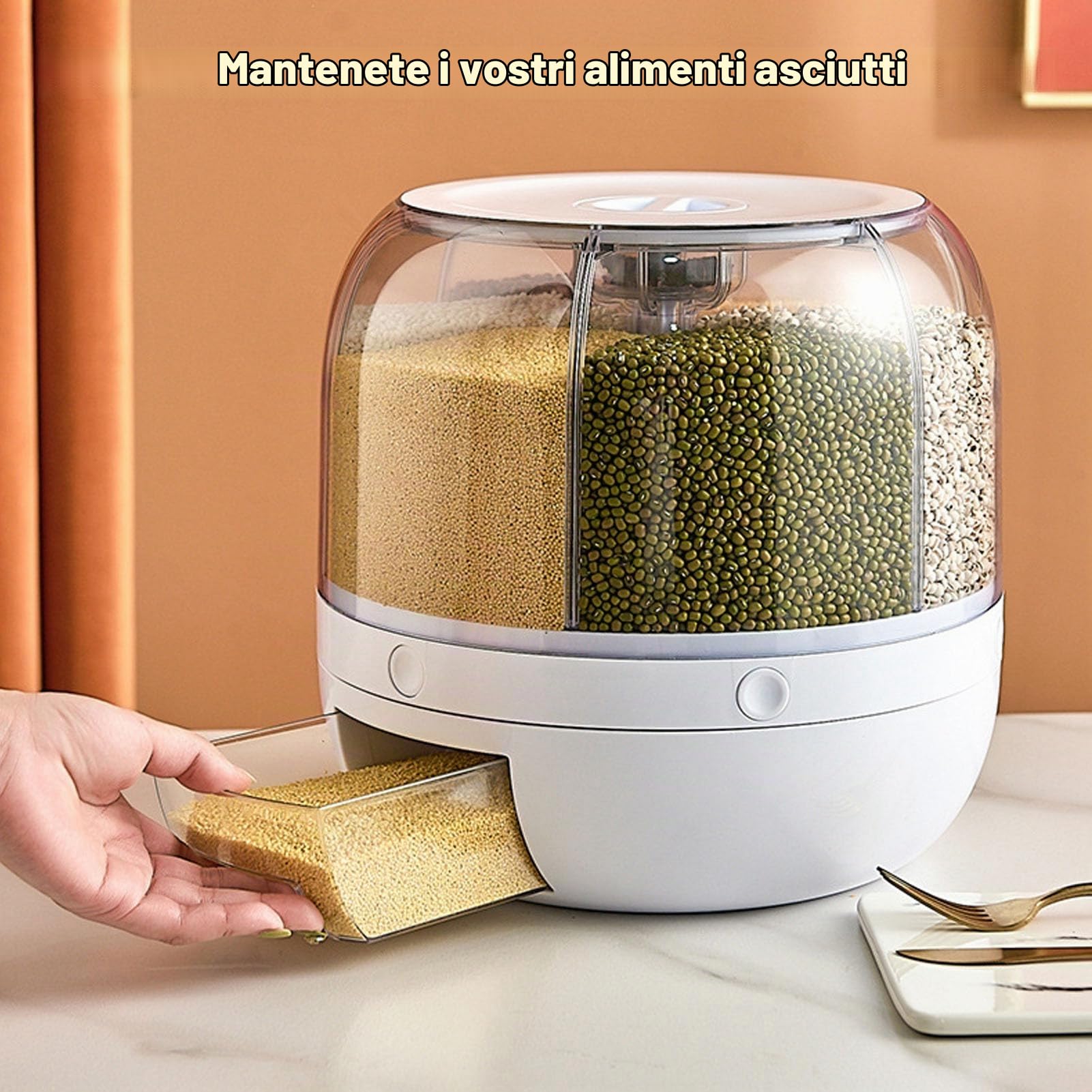Dispenser per riso e cereali rotante 360° con 6 griglie, contenitore impilabile a strato singolo per alimenti secchi