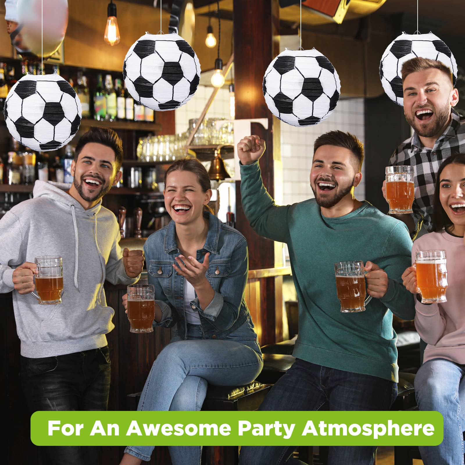 Décos Lanternes Papier Ballon Football - Pack De 5 - 20x18cm - Fête Coupe Du Monde