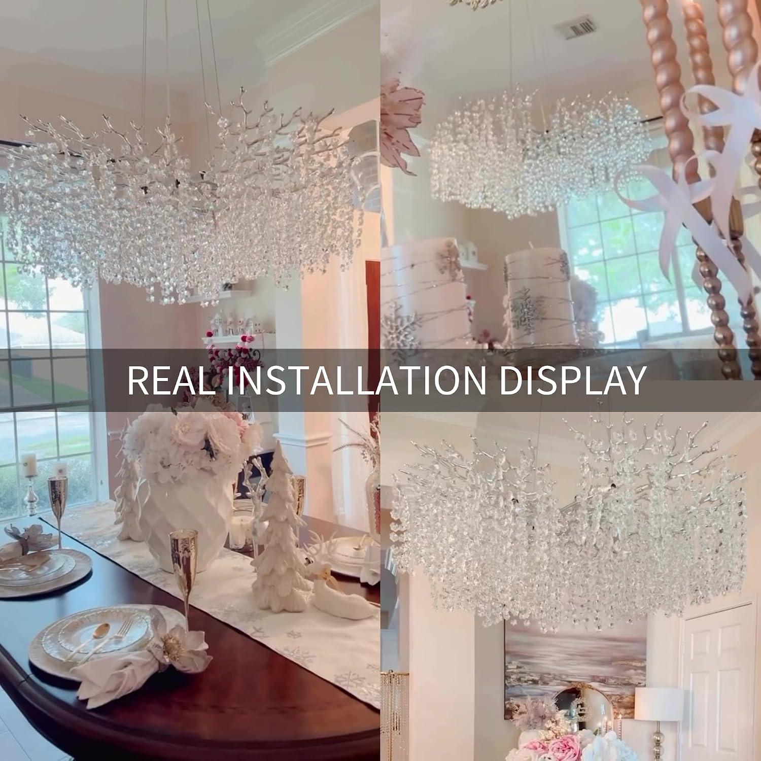 Tree Branch Crystal Chandeliers for Dining Room, Nickel 40" Round High Ceiling Chandeliers, Large Modern Silver Chandelier for Bedroom, Living Room Chandelier for Bathroom Foyer Kitchen Entryway