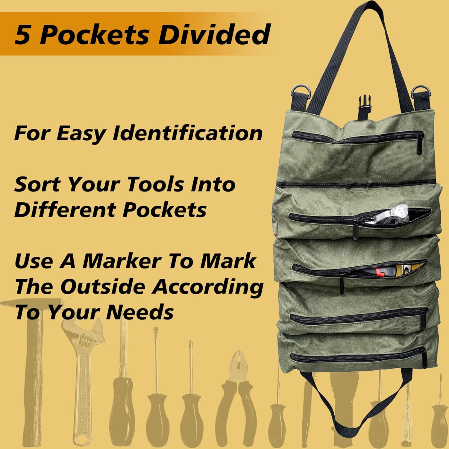 Tool Roll Up Bag, Water Resistant Tools Organizer and Storage with Double Wrap Straps, Heavy Duty Oxford Fabric Tool Bag with 5 Pockets, for Mechanic, Carpenter, Electrician & Hobbyist, Army Green