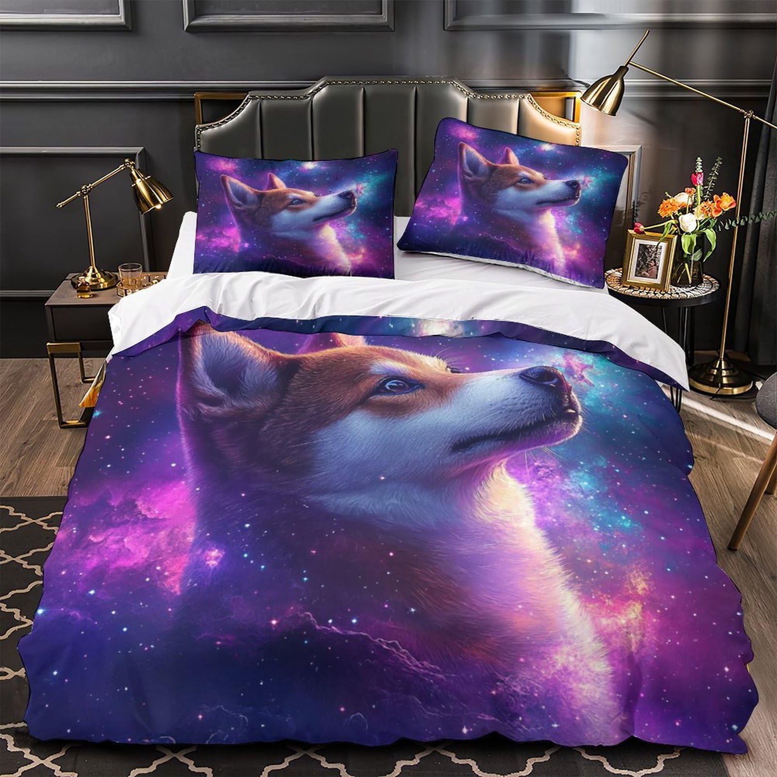 Housse de couette microfibre avec éclair dissimulé et motif galaxie