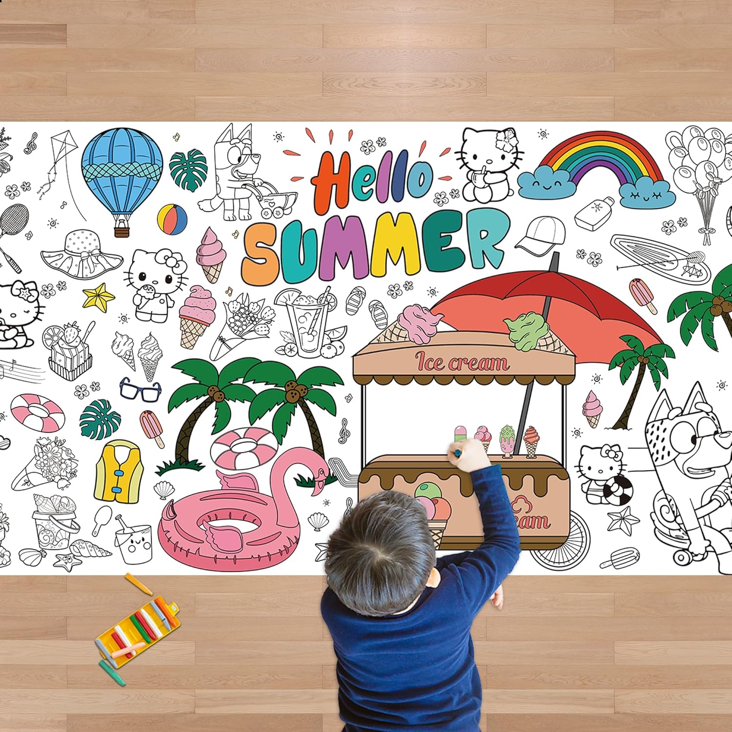Summer Giant Coloring Poster/Tablecloth - Summer Toys - 30 x 72 Inches Jumbo Paper Coloring Banner - Kids Crafts Activities Gifts Games Ice Cream Party Favors Birthday Decorations - Travel Essential