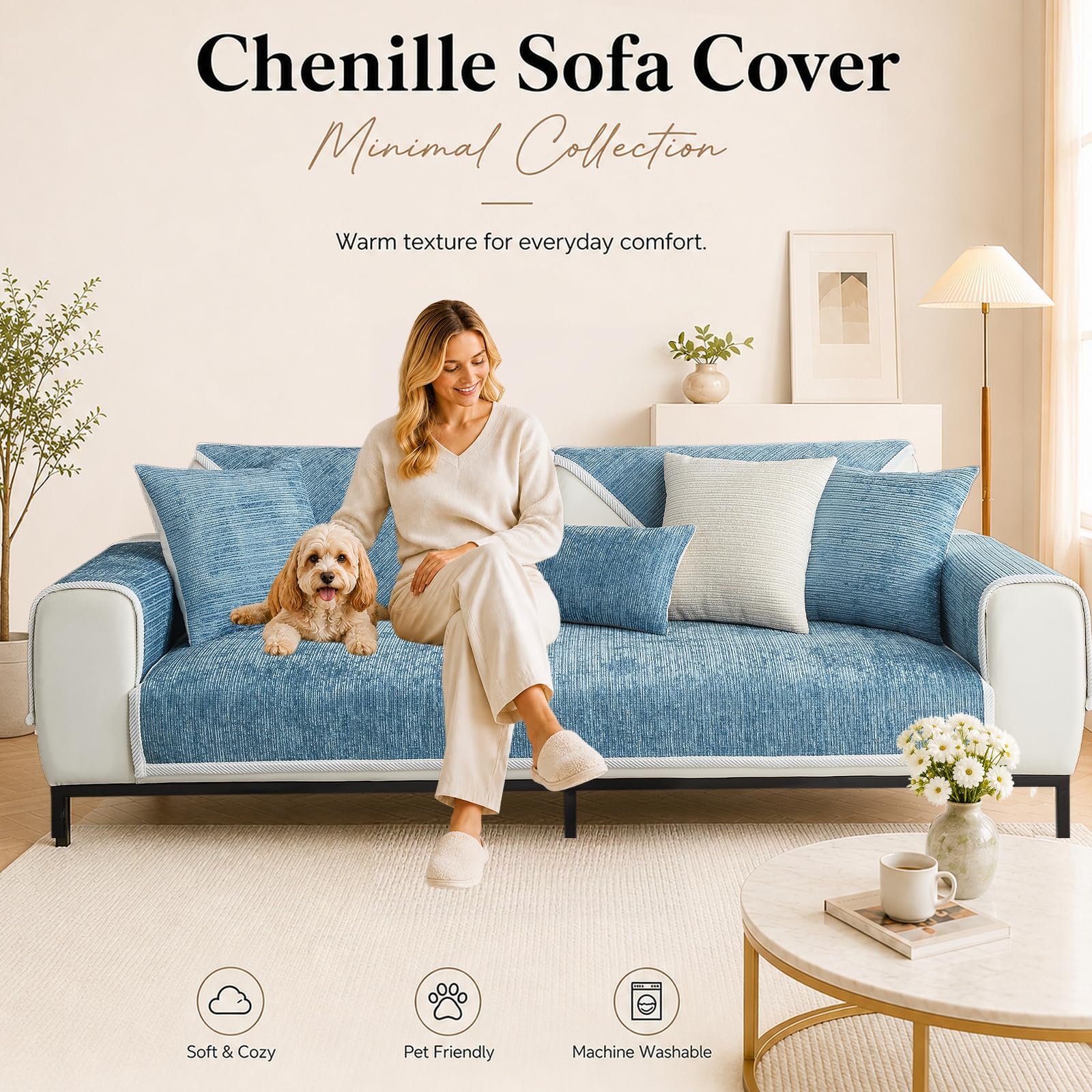 Housse de Canapé en Chenille - Nouvelles Housses Antidérapant pour Canapé 1/2/3 Places en Forme de L, Protection pour Meuble Résistante aux Animaux pour Salon (A-Bleu,110x240cm)