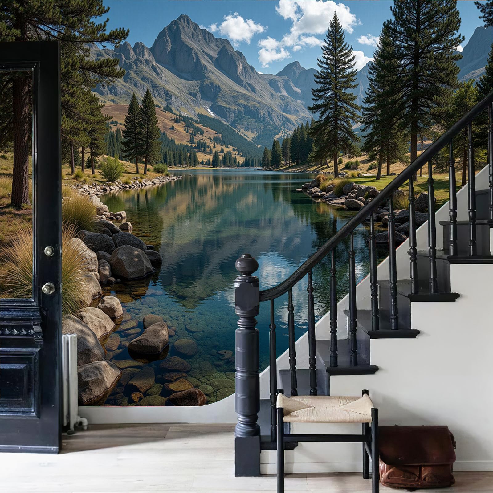 Tapisserie murale paysage de lac et montagnes pour chambre parentale
