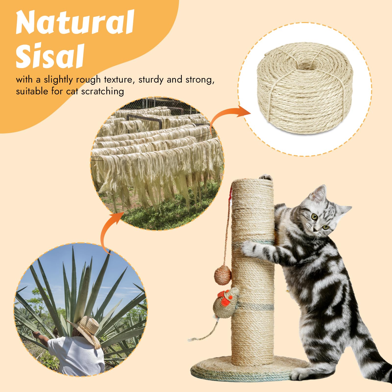 Snapklik.com : 164 Feet Sisal Rope For Cat Scratching Post, Natural Cat ...