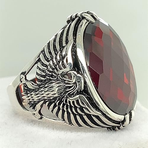 Miniatura 6 de Men Handmade Eagle Ring, Ruby Stone Ring, Silver Red Ruby Stone Ring, 925k Sterling Silver Ring, Handmade American Eagle Mens Ring