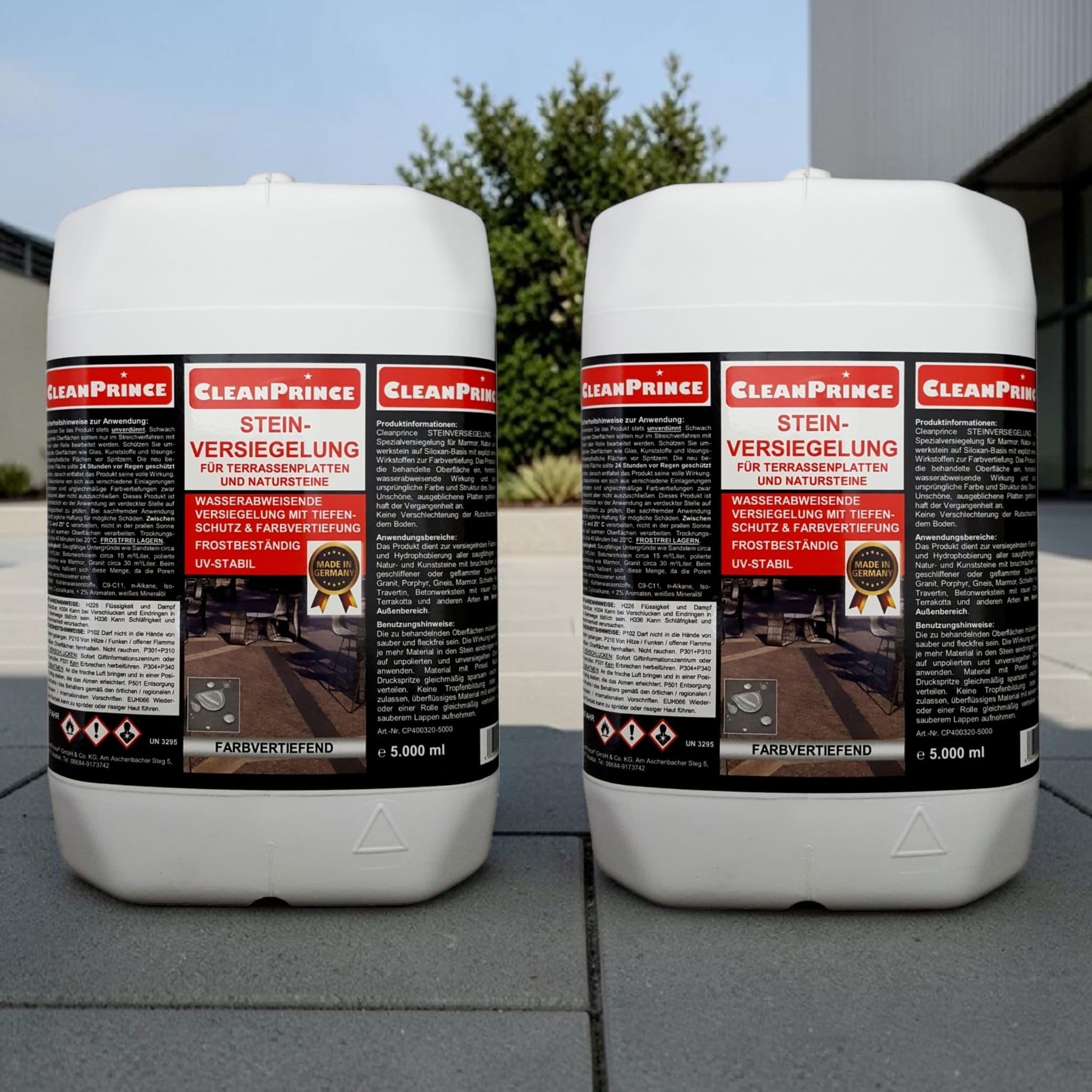 CleanPrince 2x5= 10 Liter Steinversiegelung für Terrassenplatten und Natursteine | mit Farbvertiefer | Steinsiegel Marmor Granit Natursteine Beton farbvertiefend