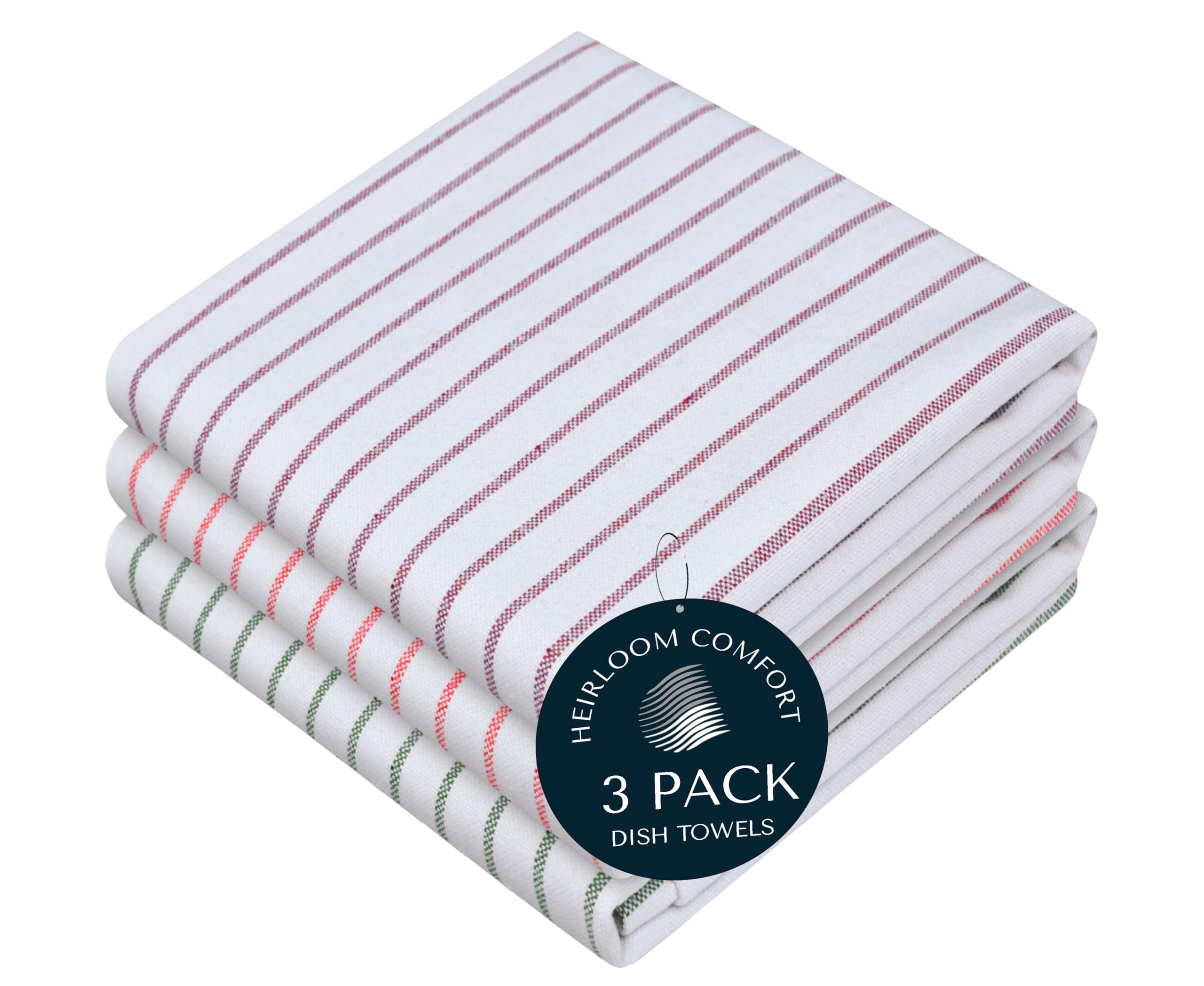 HEIRLOOM COMFORT Multi Colors Kitchen Towels 3 Pack, 100% Cotton, Classic Striped Towel Set