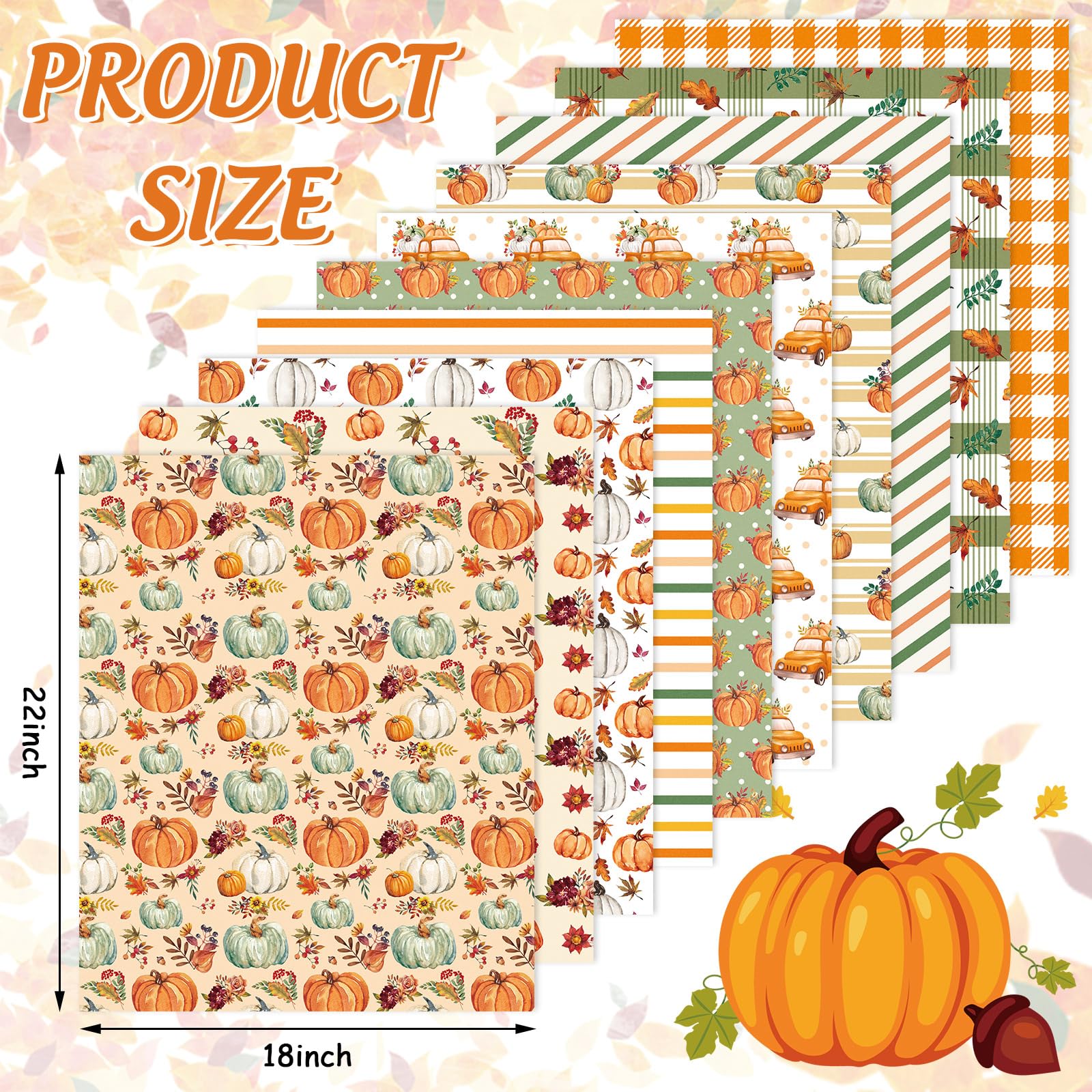 Whaline 10 fasci di tessuto di cotone autunnale con foglie di camion di zucca, foglie verdi arancioni autunnali per il Ringraziamento, trapuntatura, patchwork, per fai da te, cucito, artigianato