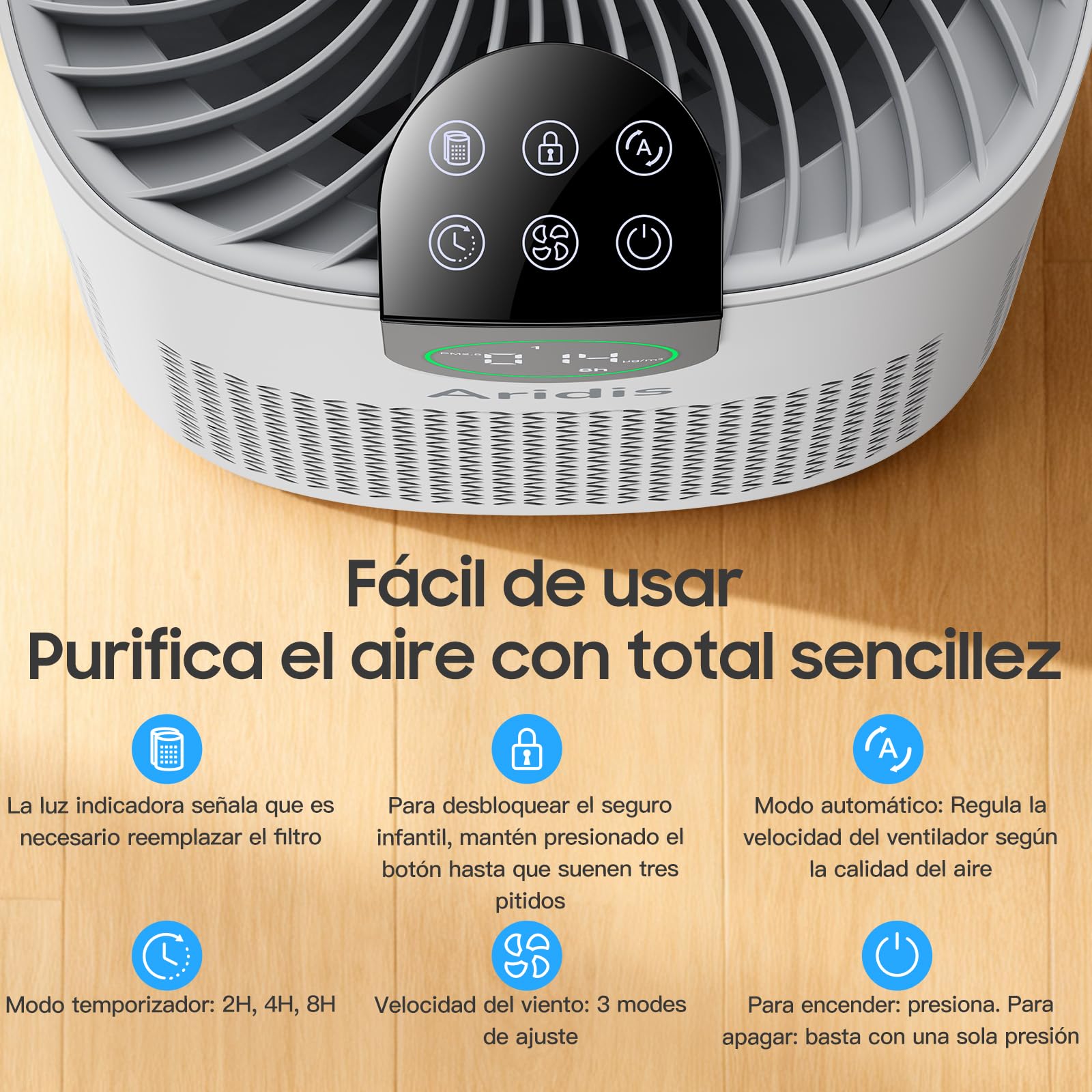 Purificador de Aire con Filtro HEPA - Filtro para Habitaciones Polen, Alergias, Olores y Pelo de Mascotas, con Esponja de Aromaterapia, 7.2W y 3 Velocidades, Silencioso Versión Mejorada